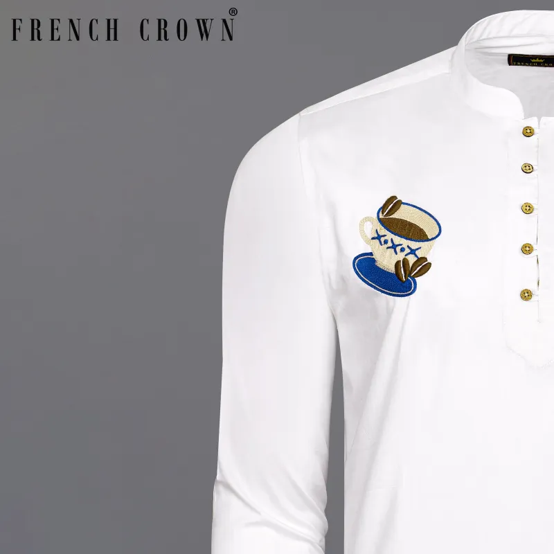Bright White Subtle Sheen Embroidered Super Soft Premium Cotton Kurta Shirt sold by French Crown