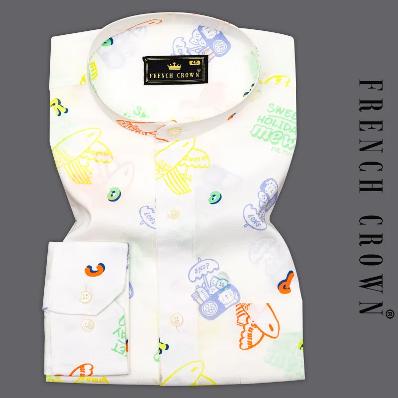 Bright White Multicolour Quirky Printed Premium Cotton Shirt sold by French Crown
