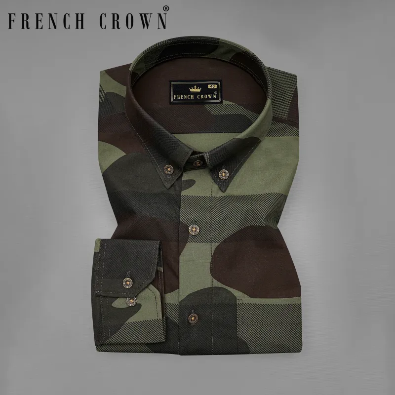 Birch Brown with Iridium Green Camouflage Printed Royal Oxford Shirt sold by French Crown