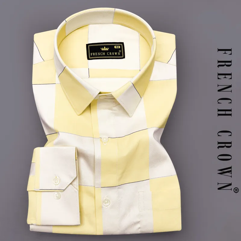 Albescent Cream with Maezipan Yellow Checked Jacquard Textured Premium Giza Cotton Shirt sold by French Crown