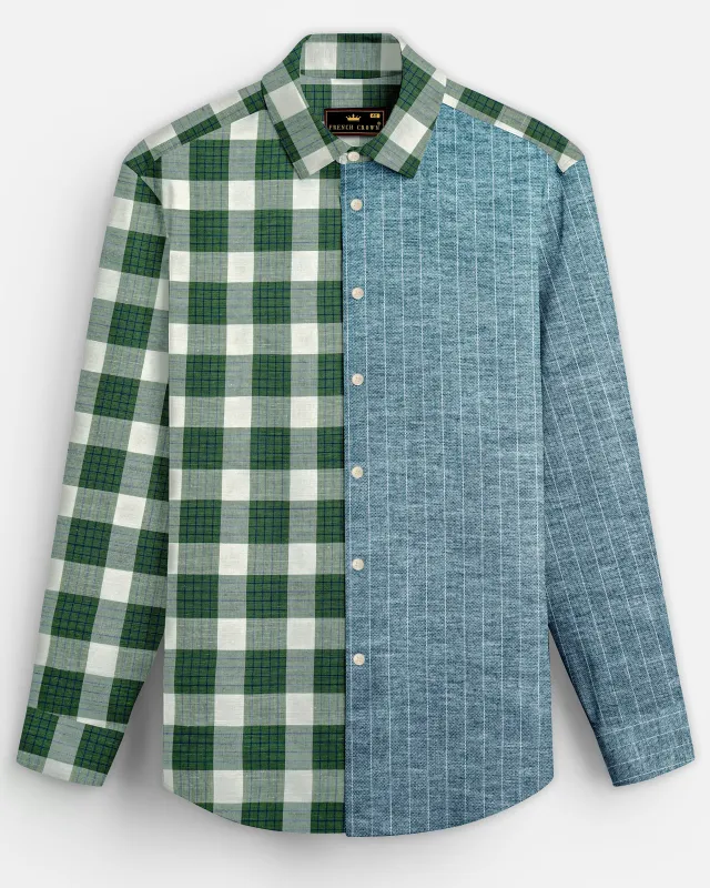 Ziggurat Green Striped with Camarone Green Checkered Luxurious Linen Designer Shirt sold by French Crown