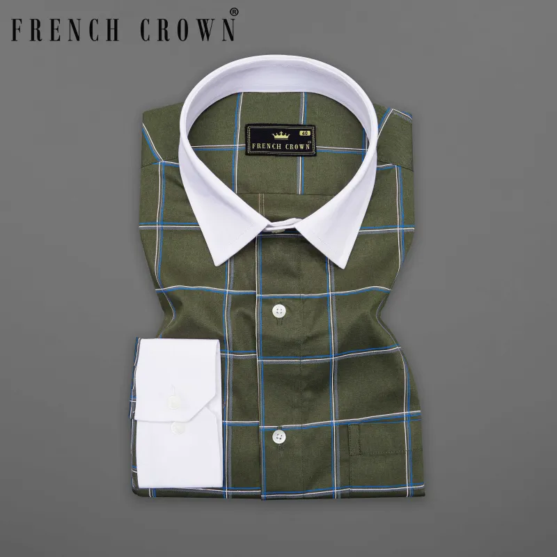 Taupe Green Windowpane with White Collar Royal Oxford Shirt sold by French Crown