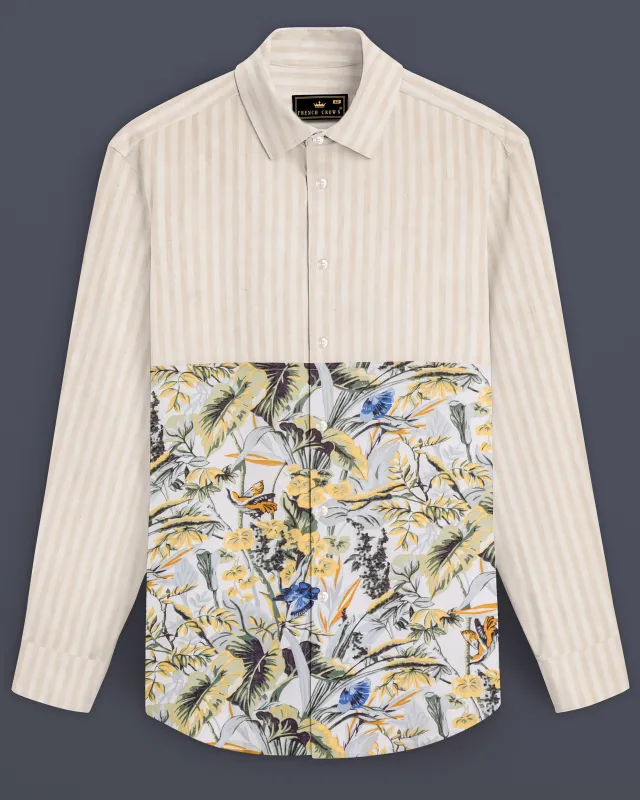 Spanish Brown Striped with Tropical Printed Luxurious Linen Designer Shirt sold by French Crown