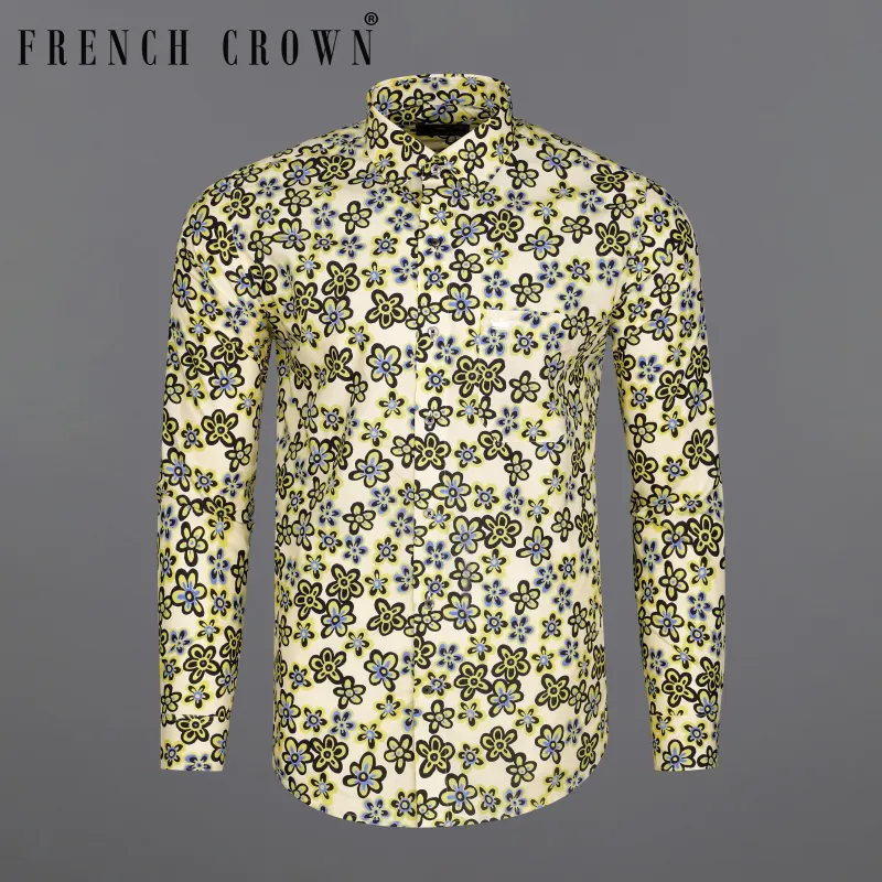 Solitaire with Straw Yellow and Jade Black Ditsy Printed Premium Cotton Shirt sold by French Crown