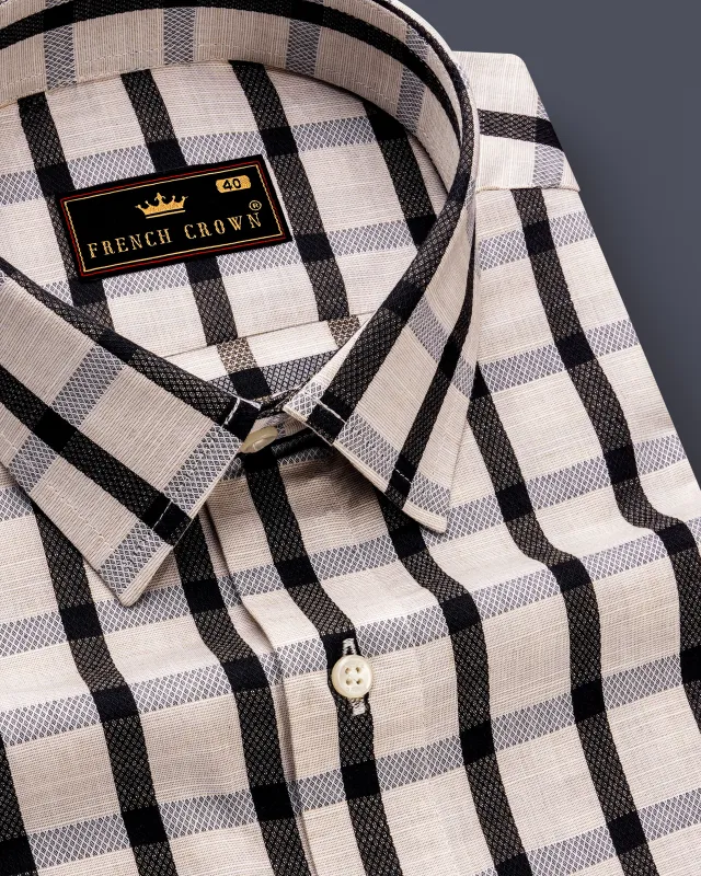 Sea Shell Off White and Jade Black Checkered Dobby Textured Premium Giza Cotton Shirt sold by French Crown