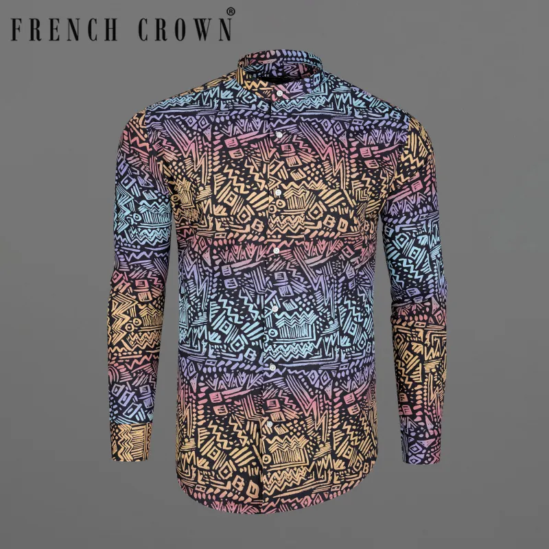 Salmon Peach with Jade Black Abstract Printed Premium Cotton Shirt sold by French Crown