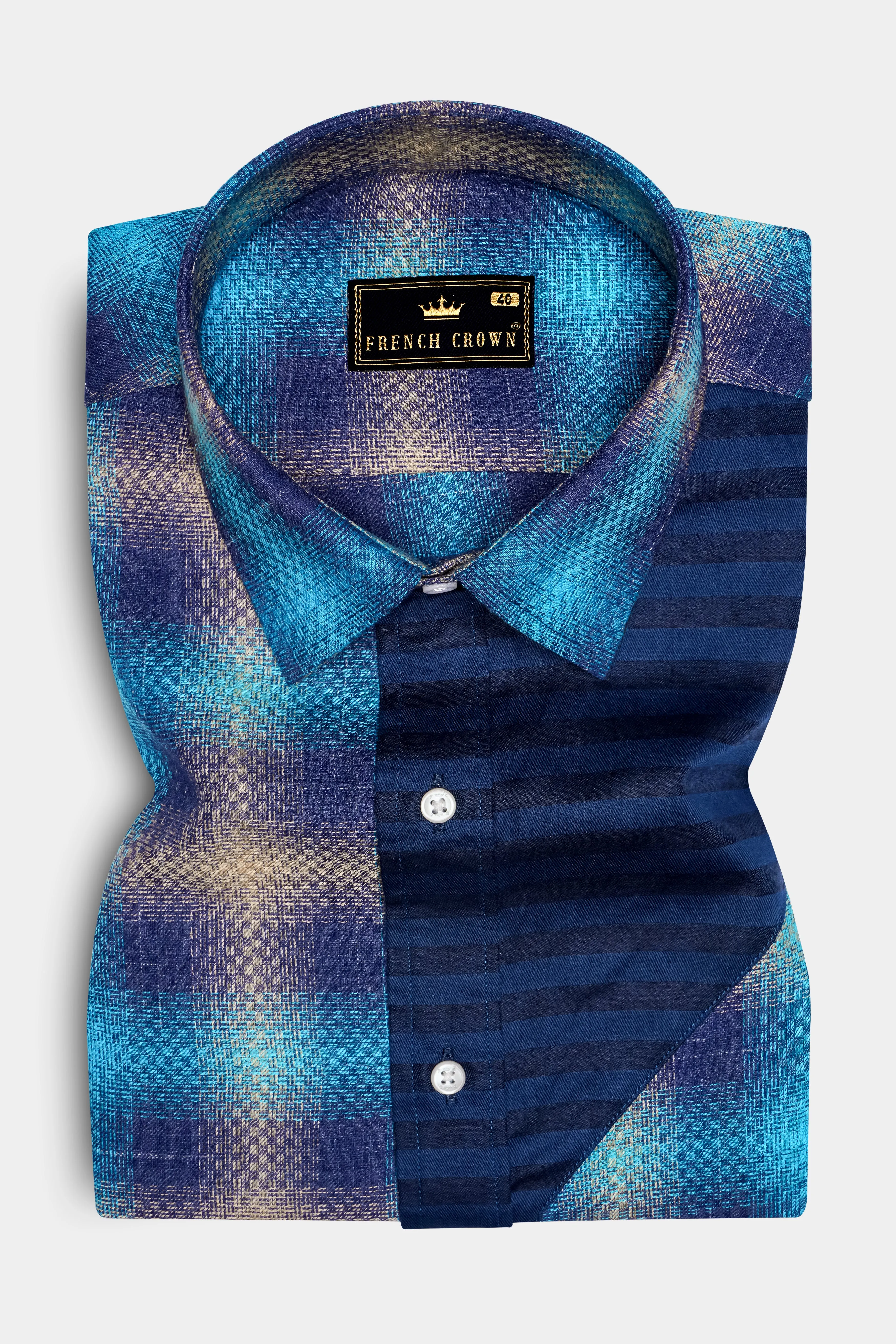 Picton Sky Blue Multicolour Block Pattern Dobby Premium Giza Cotton Designer Shirt sold by French Crown product image thumbnail 5