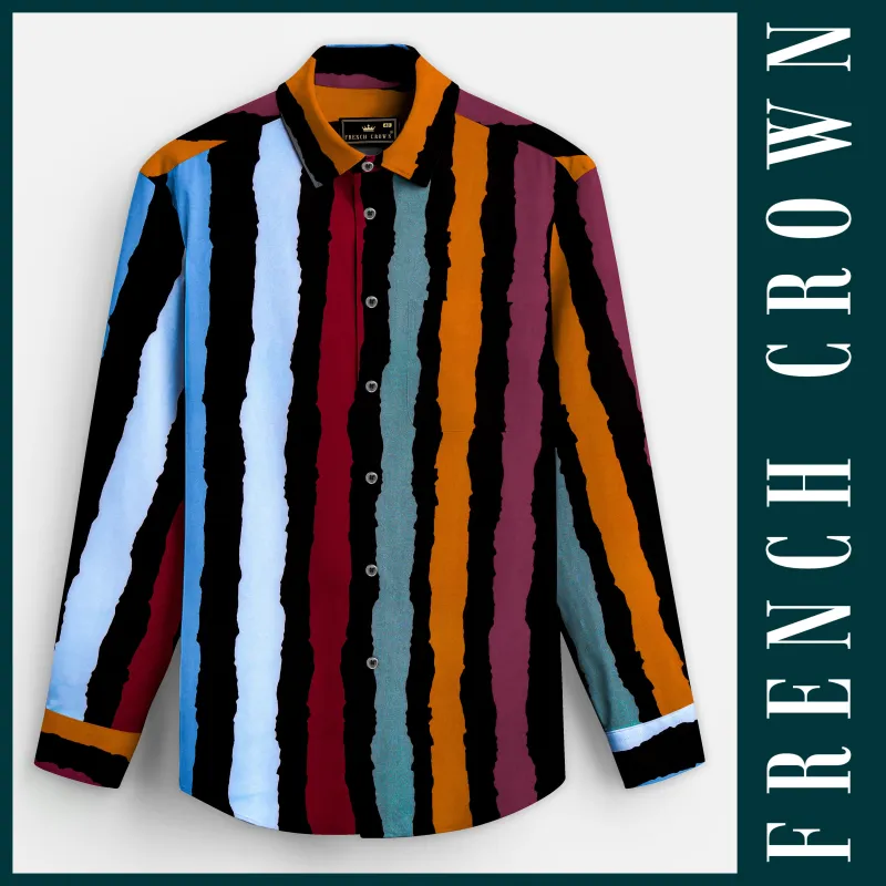 Jade Black with Tropical Blue Multicolour Striped Premium Tencel Shirt sold by French Crown