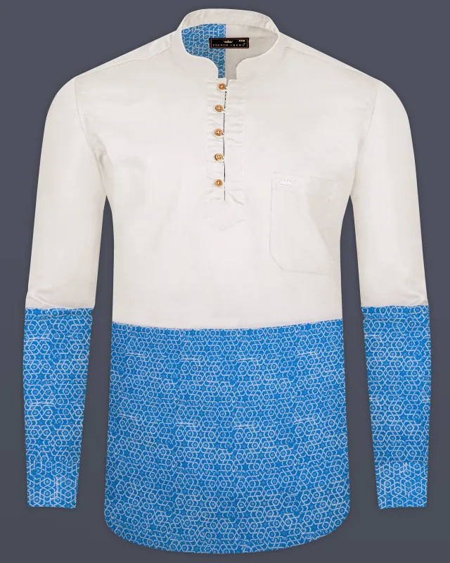 Half White and Half Anakiwa Sky Blue Printed Royal Oxford Designer Kurta Shirt sold by French Crown