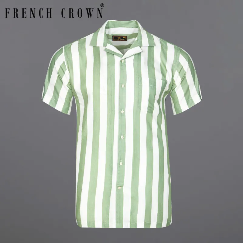 Coriander Green with Bright White Striped Premium Tencel Shirt made by French Crown