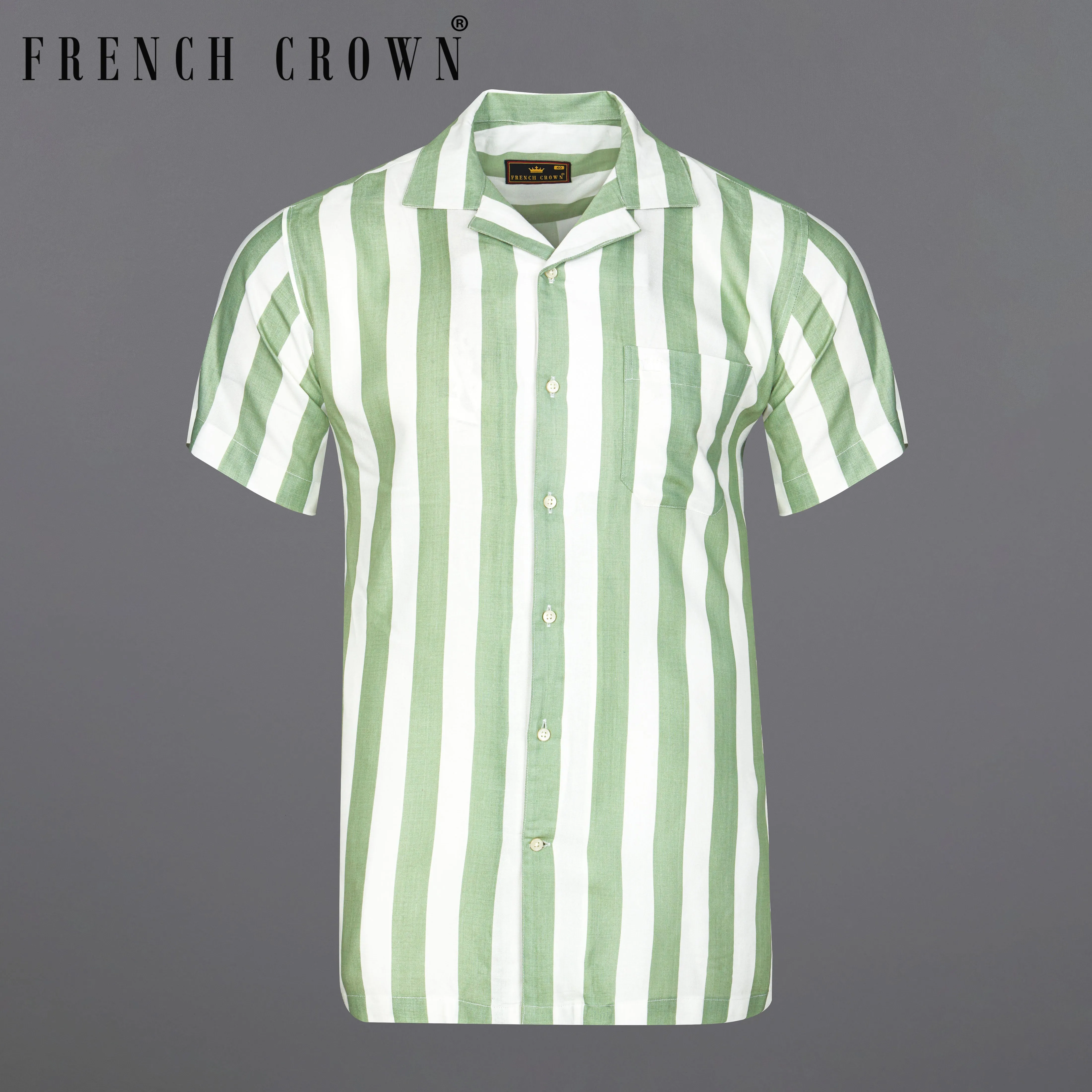 Coriander Green with Bright White Striped Premium Tencel Shirt sold by French Crown