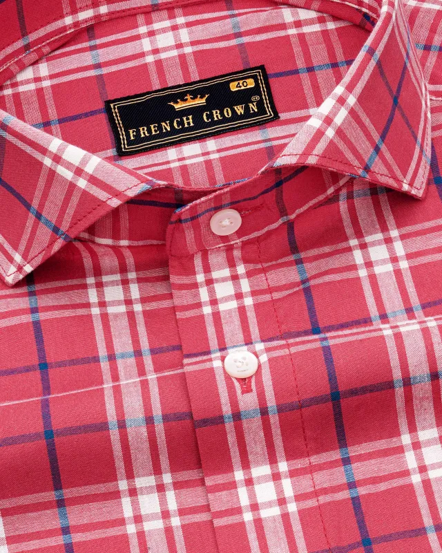 Burgundy With Bright White and Cerulean Blue Windowpane Premium Cotton Shirt sold by French Crown