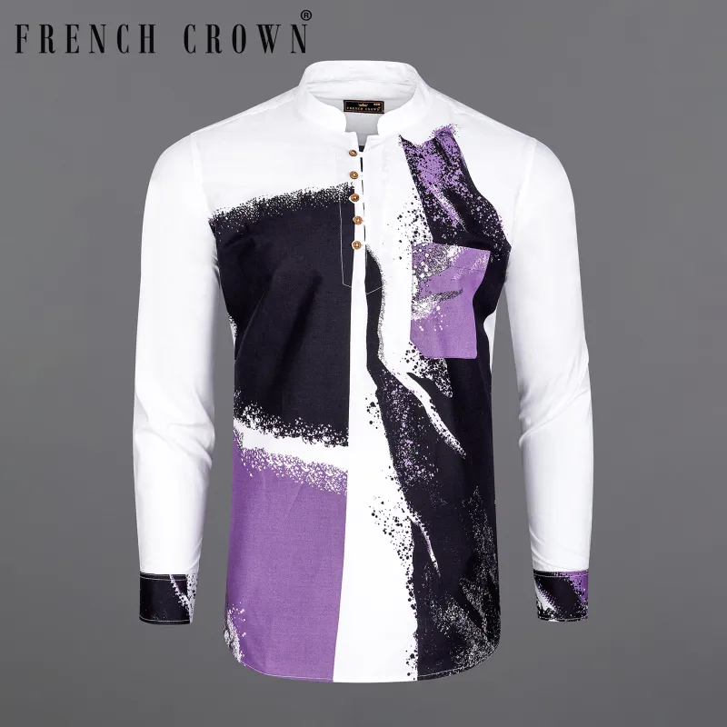 Bright White with Viola Purple and Black Printed Premium Cotton Kurta Shirt sold by French Crown