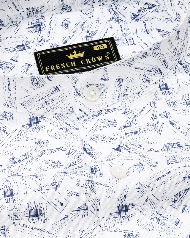 Bright White With Thunder Blue Printed Luxurious Linen Shirt sold by French Crown
