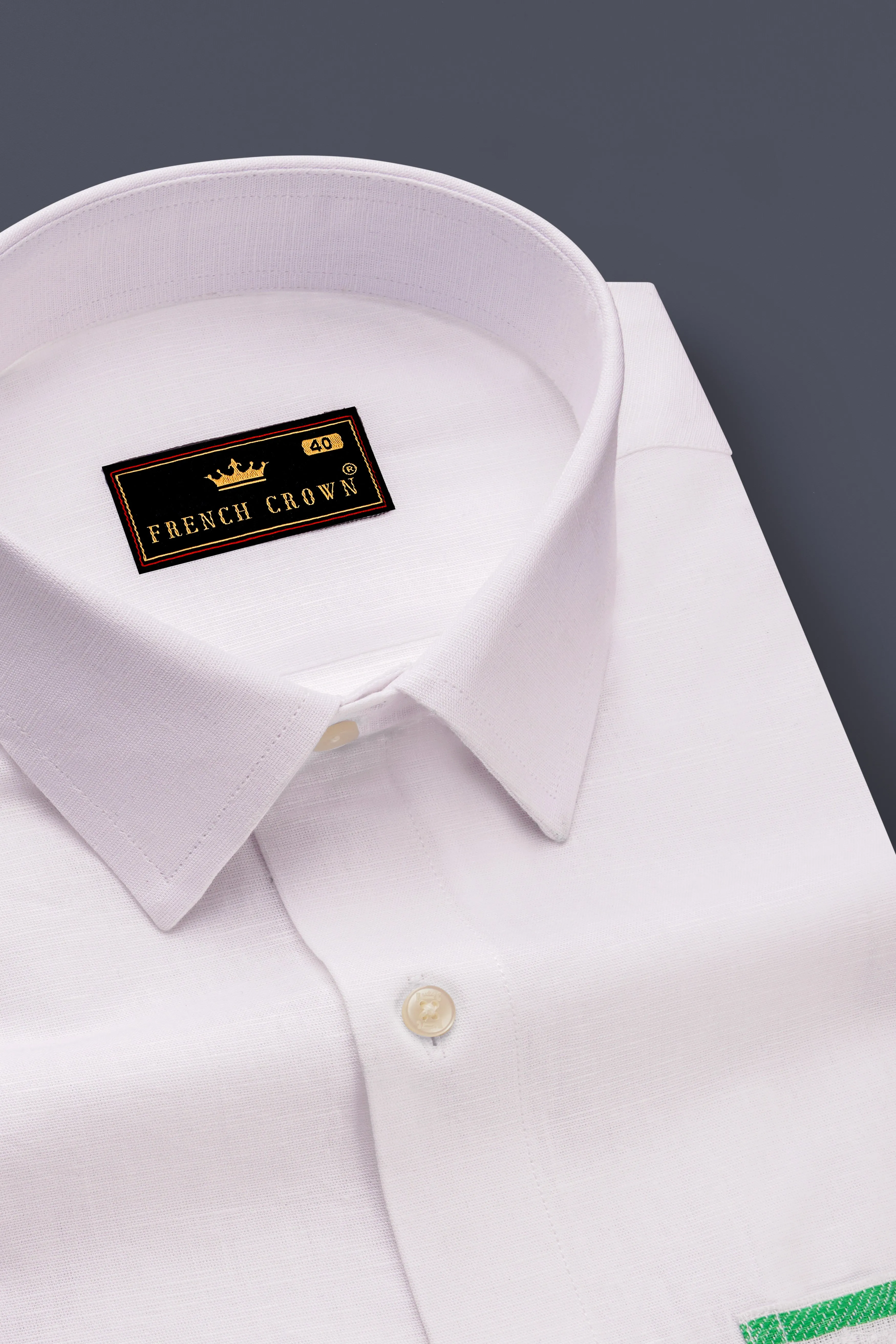 Bright White with Green Patch Pocket Luxurious Linen Designer Shirt sold by French Crown product image thumbnail 4