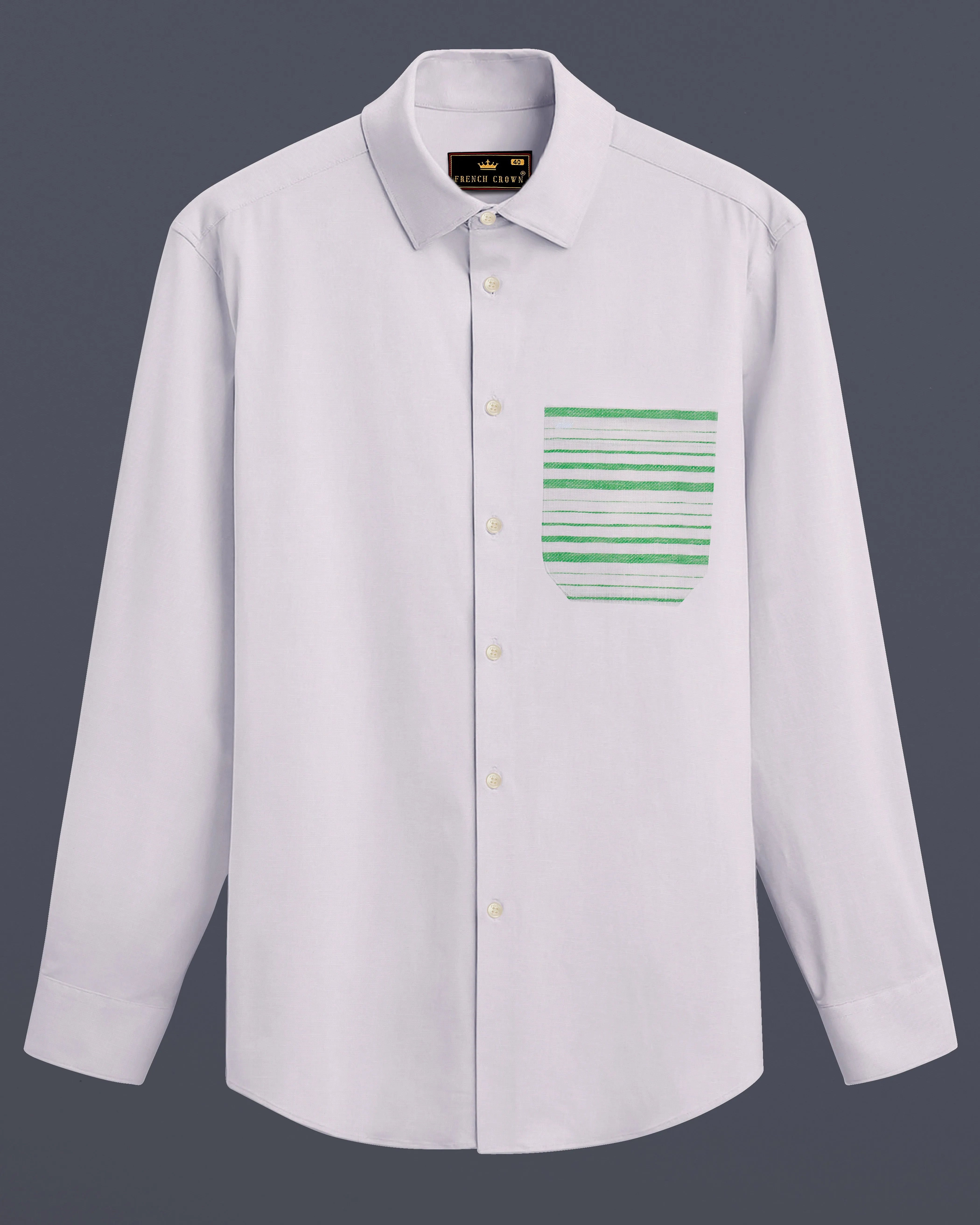 Bright White with Green Patch Pocket Luxurious Linen Designer Shirt sold by French Crown