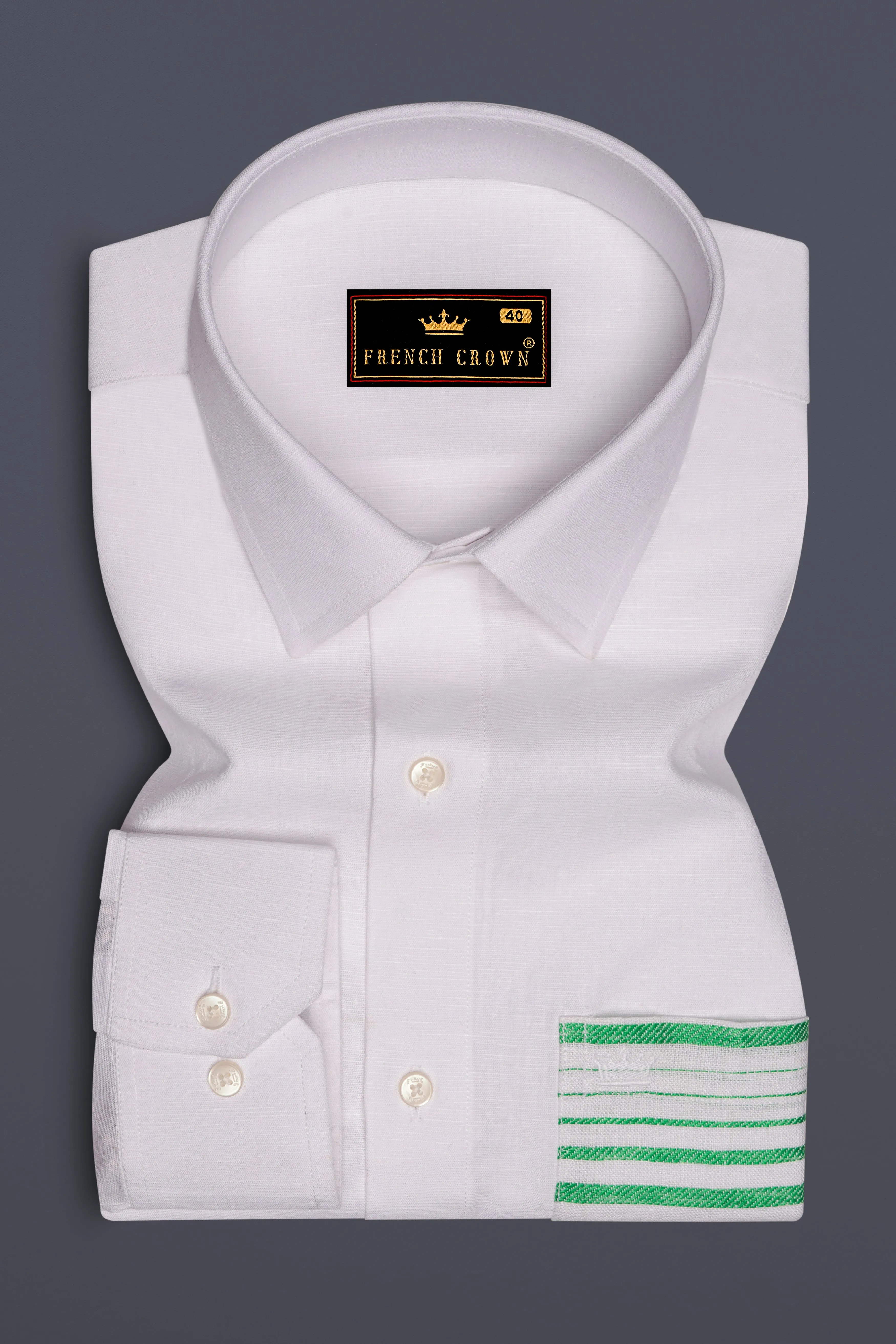 Bright White with Green Patch Pocket Luxurious Linen Designer Shirt sold by French Crown product image thumbnail 5