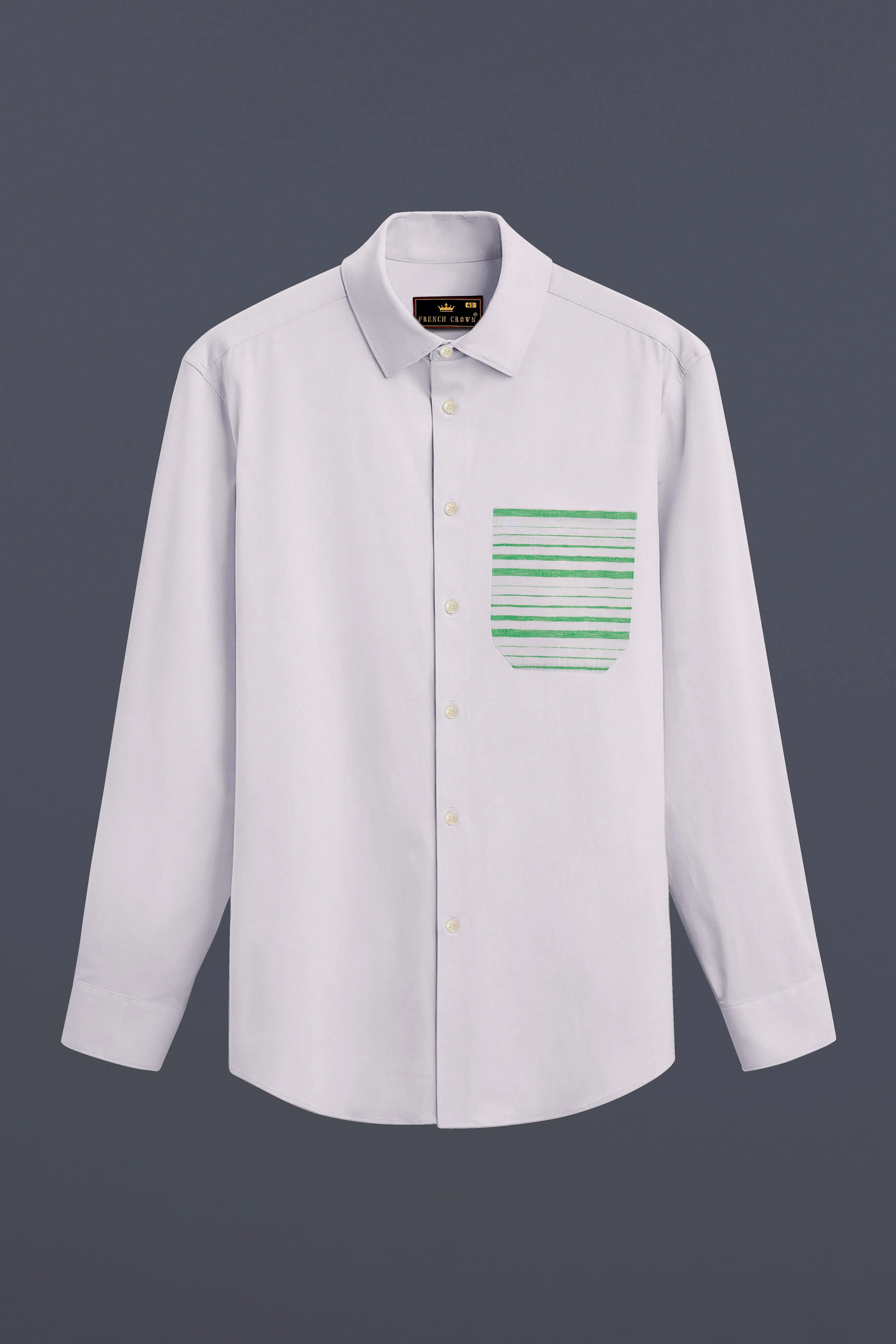 Bright White with Green Patch Pocket Luxurious Linen Designer Shirt sold by French Crown product image thumbnail 2
