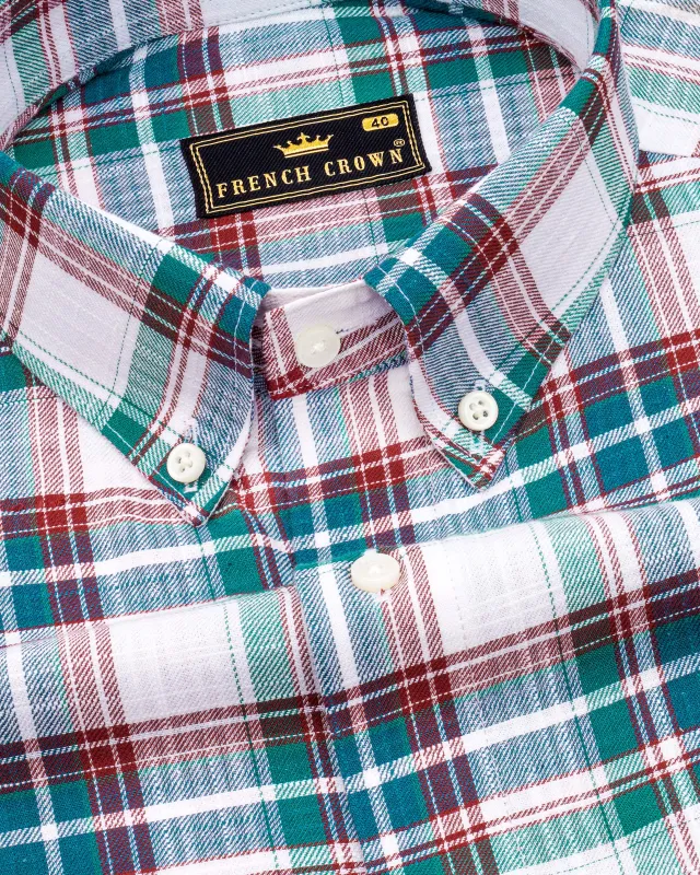 Bright White with Genoa Green Twill Plaid Premium Cotton Shirt sold by French Crown