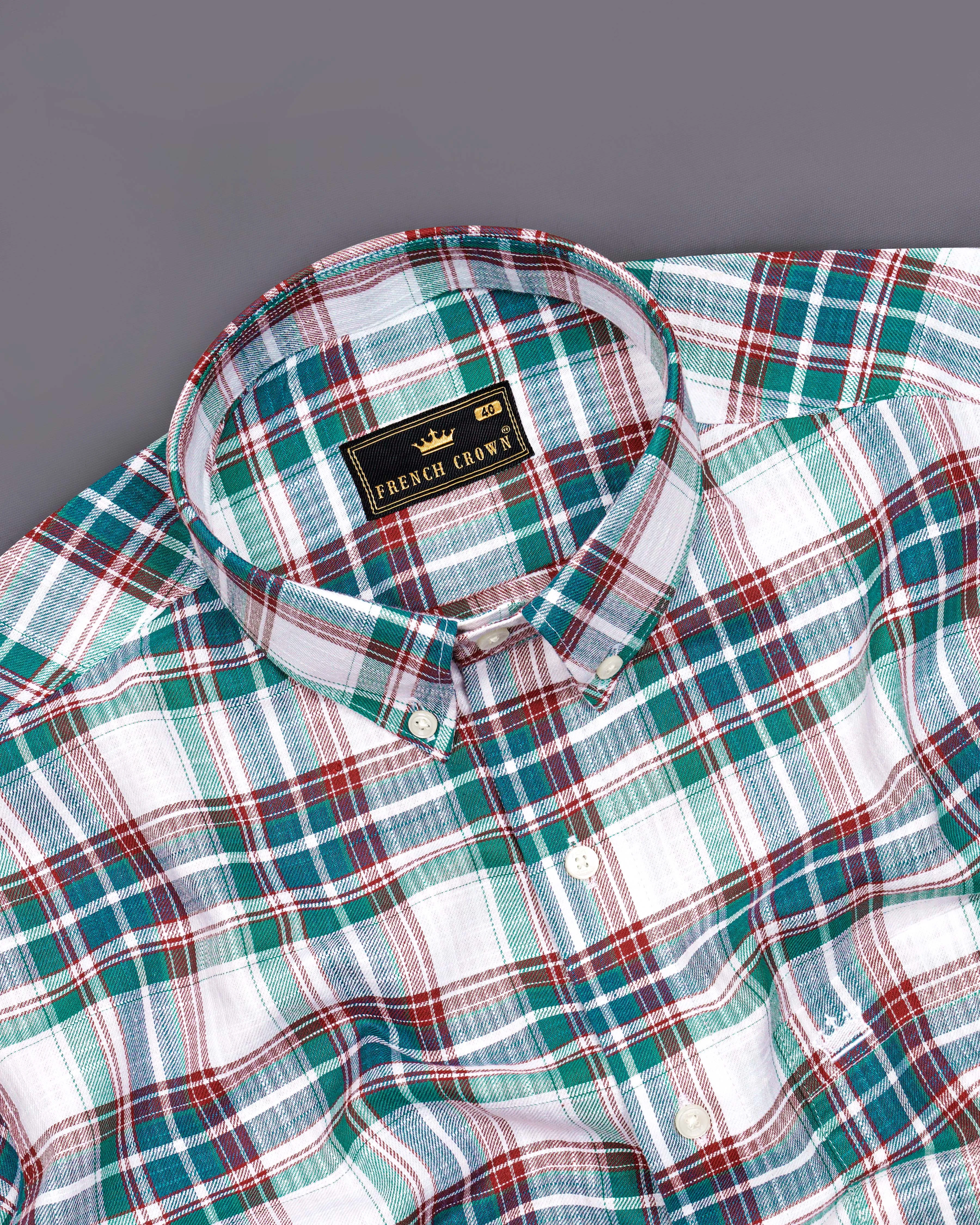 Bright White with Genoa Green Twill Plaid Premium Cotton Shirt sold by French Crown product image thumbnail 4