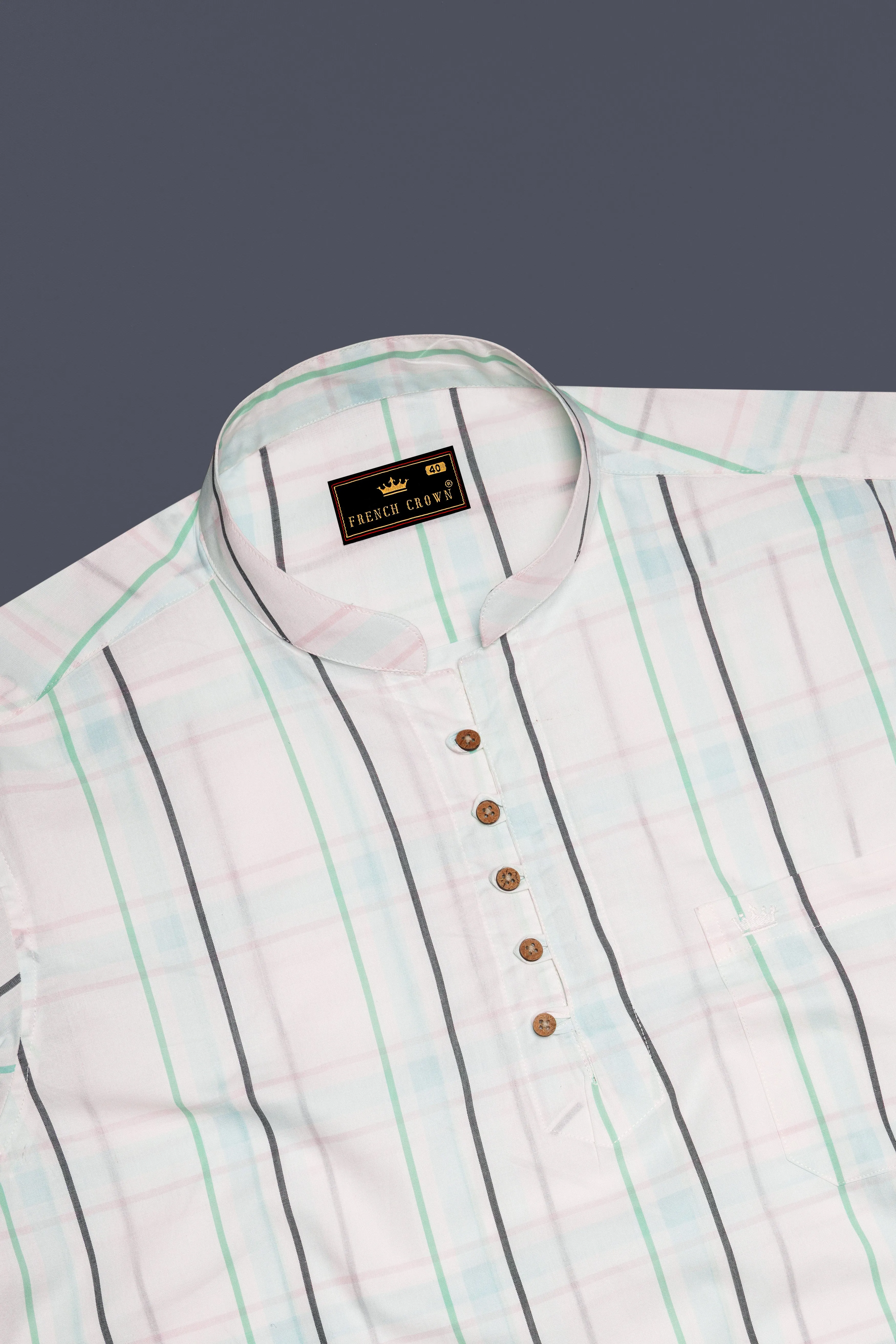 Bright White with Cruise Green Plaid and Striped Premium Cotton Kurta Shirt sold by French Crown product image thumbnail 5