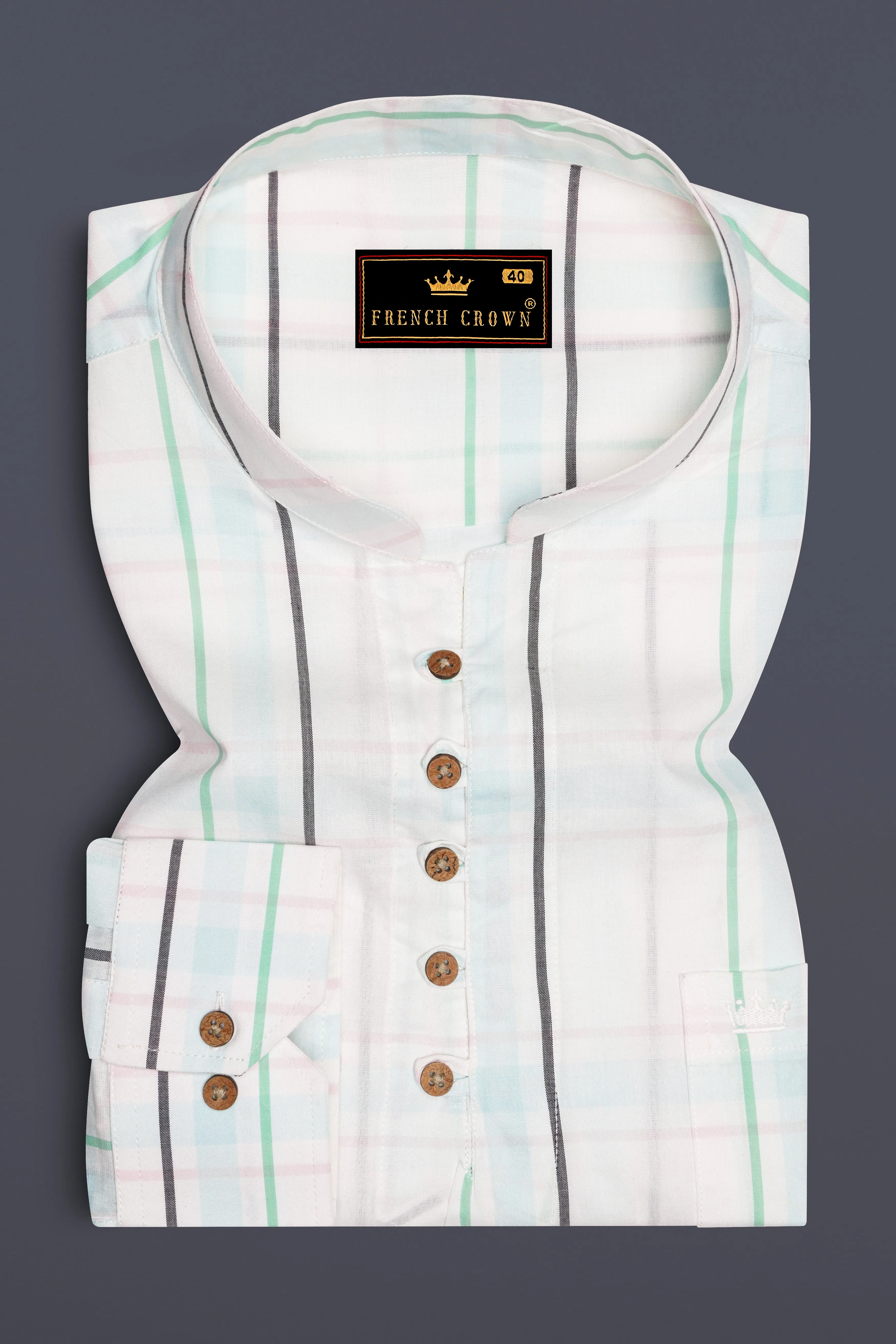Bright White with Cruise Green Plaid and Striped Premium Cotton Kurta Shirt sold by French Crown product image thumbnail 2