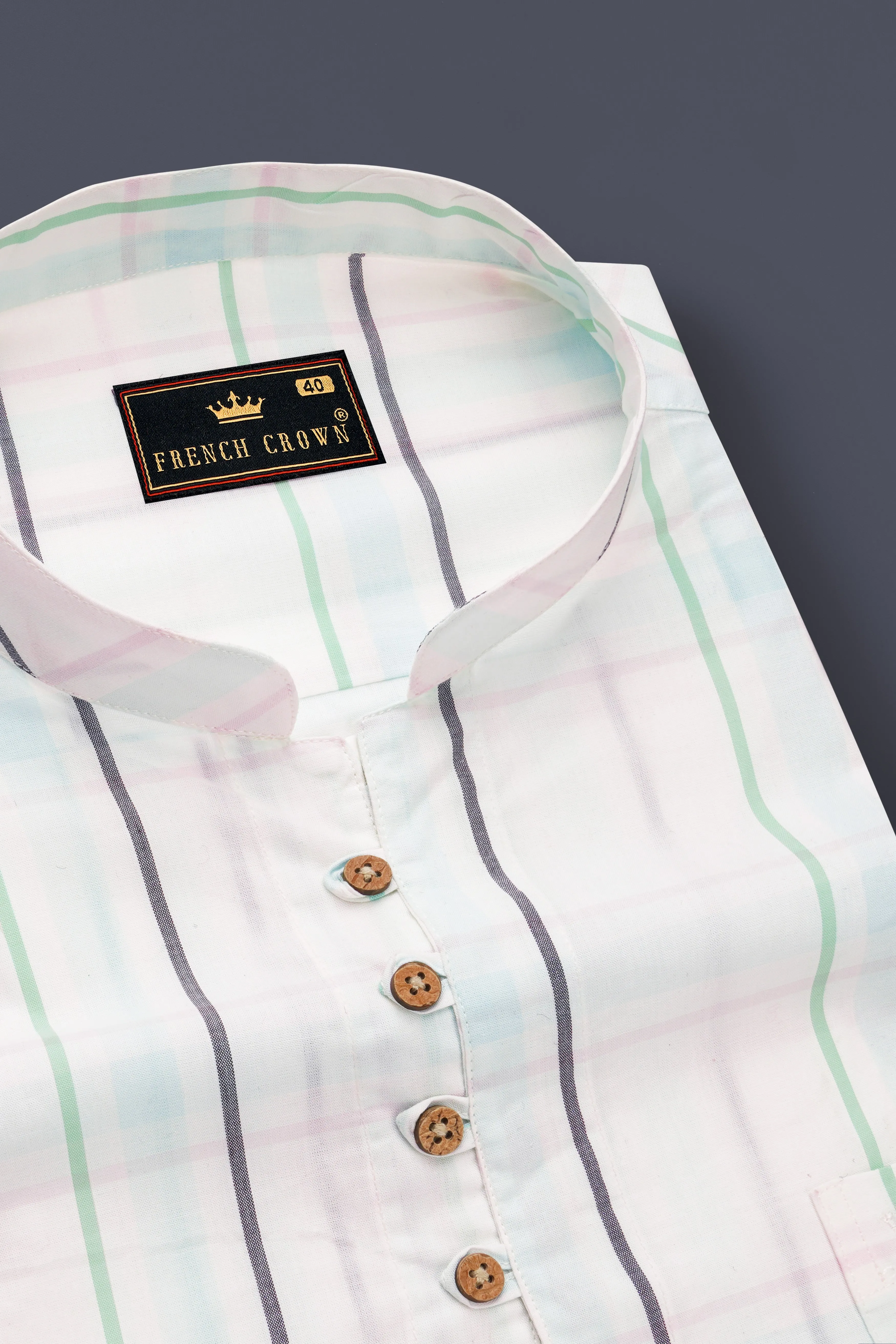 Bright White with Cruise Green Plaid and Striped Premium Cotton Kurta Shirt sold by French Crown product image thumbnail 4