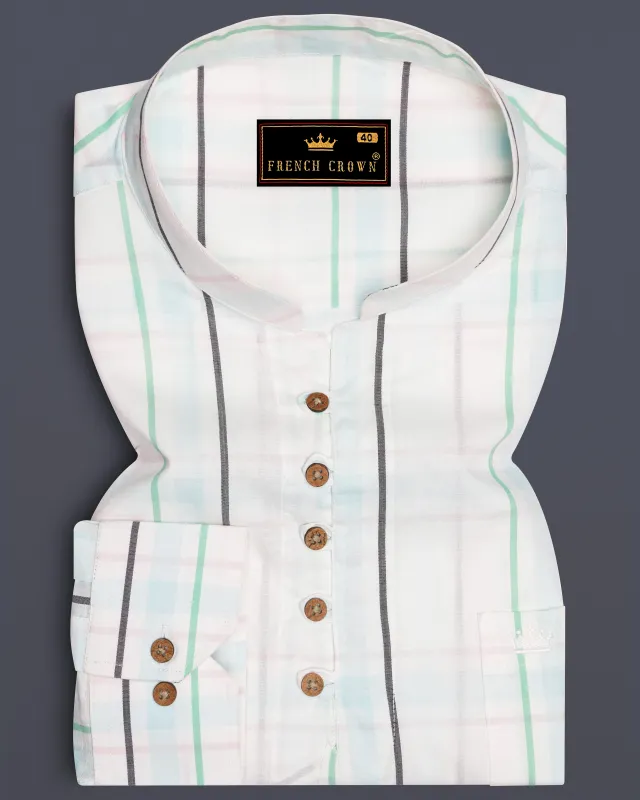 Bright White with Cruise Green Plaid and Striped Premium Cotton Kurta Shirt sold by French Crown