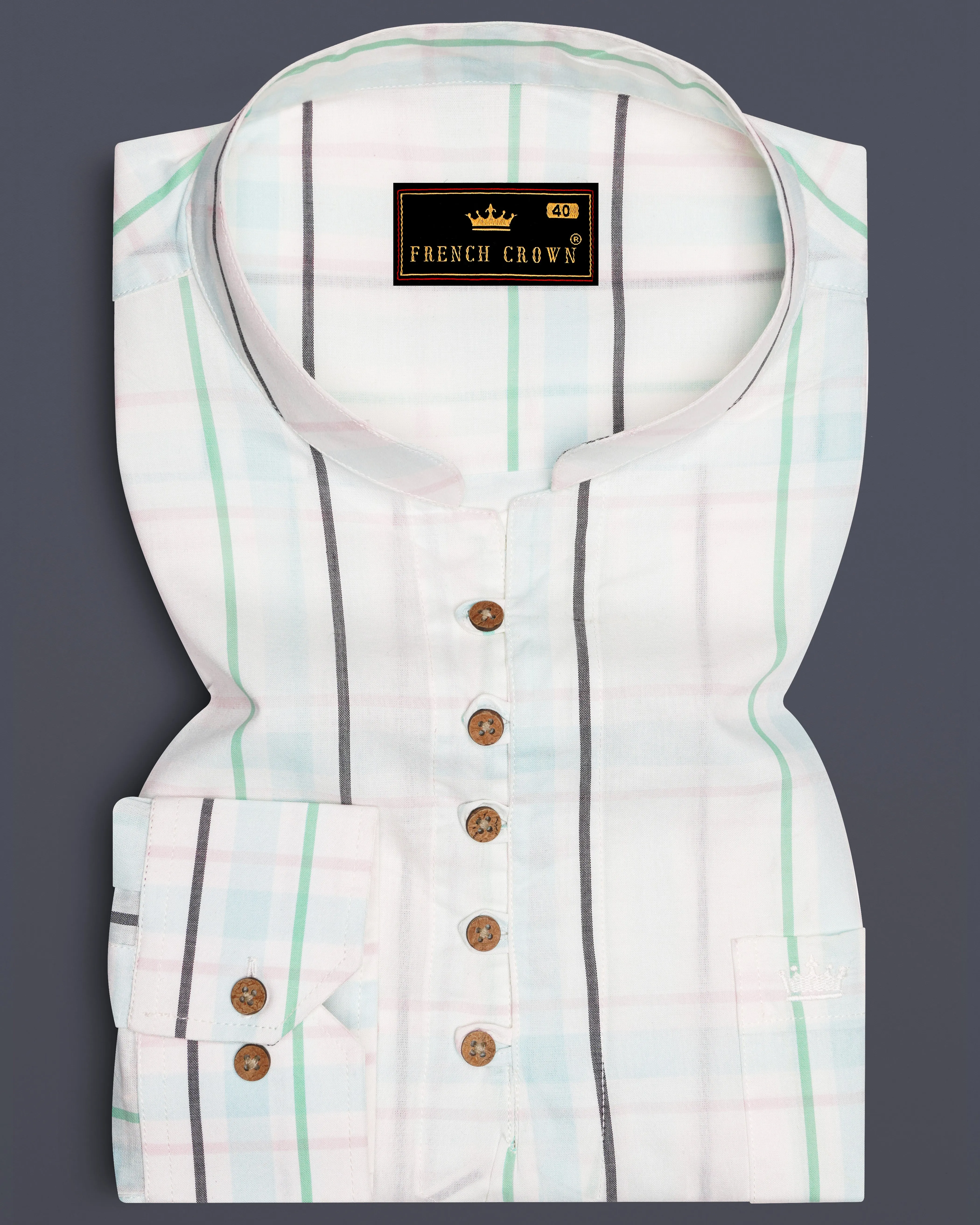 Bright White with Cruise Green Plaid and Striped Premium Cotton Kurta Shirt sold by French Crown