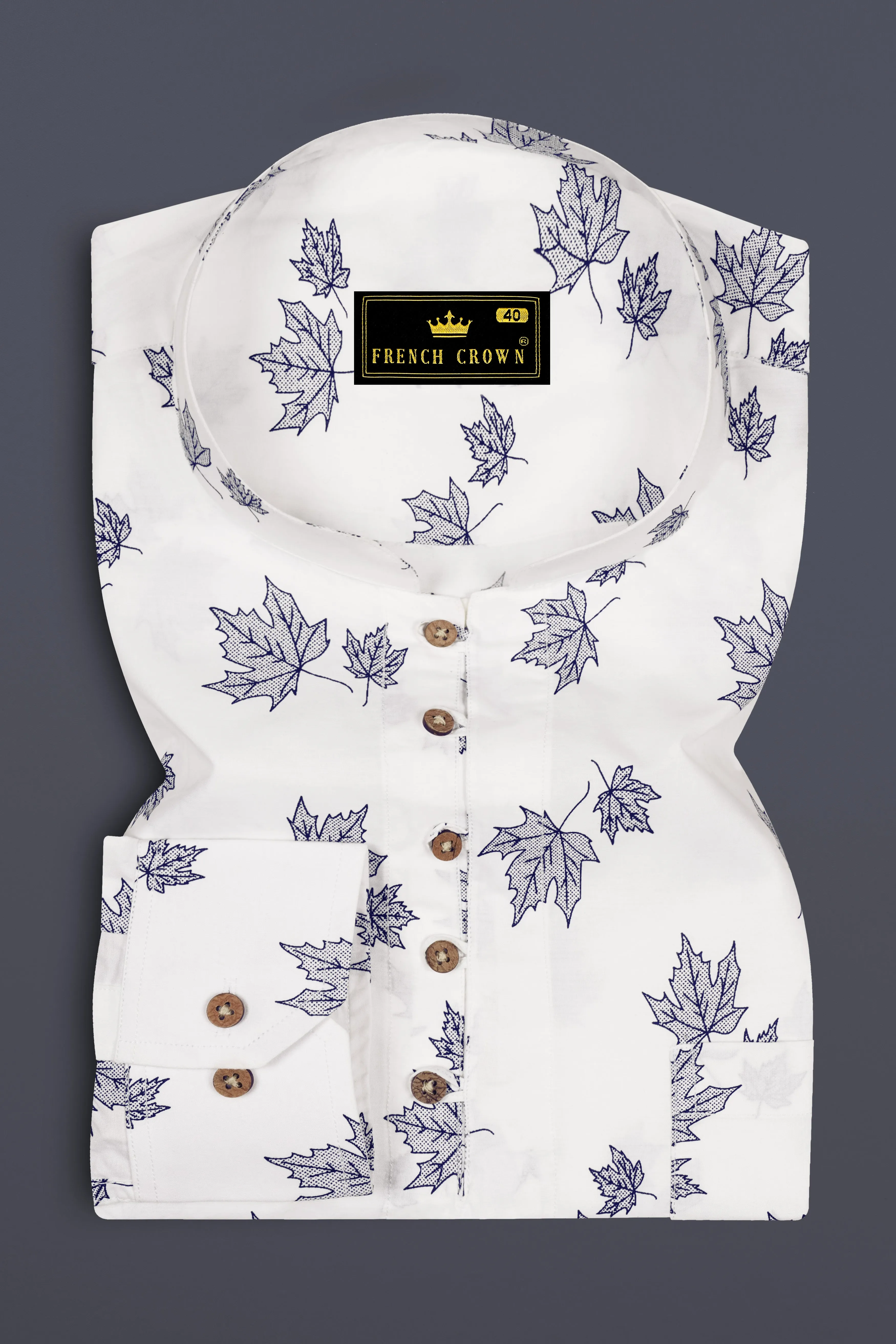 Bright White with Cruise Aqua Green Leaves Printed Premium Cotton Kurta Shirt sold by French Crown product image thumbnail 5