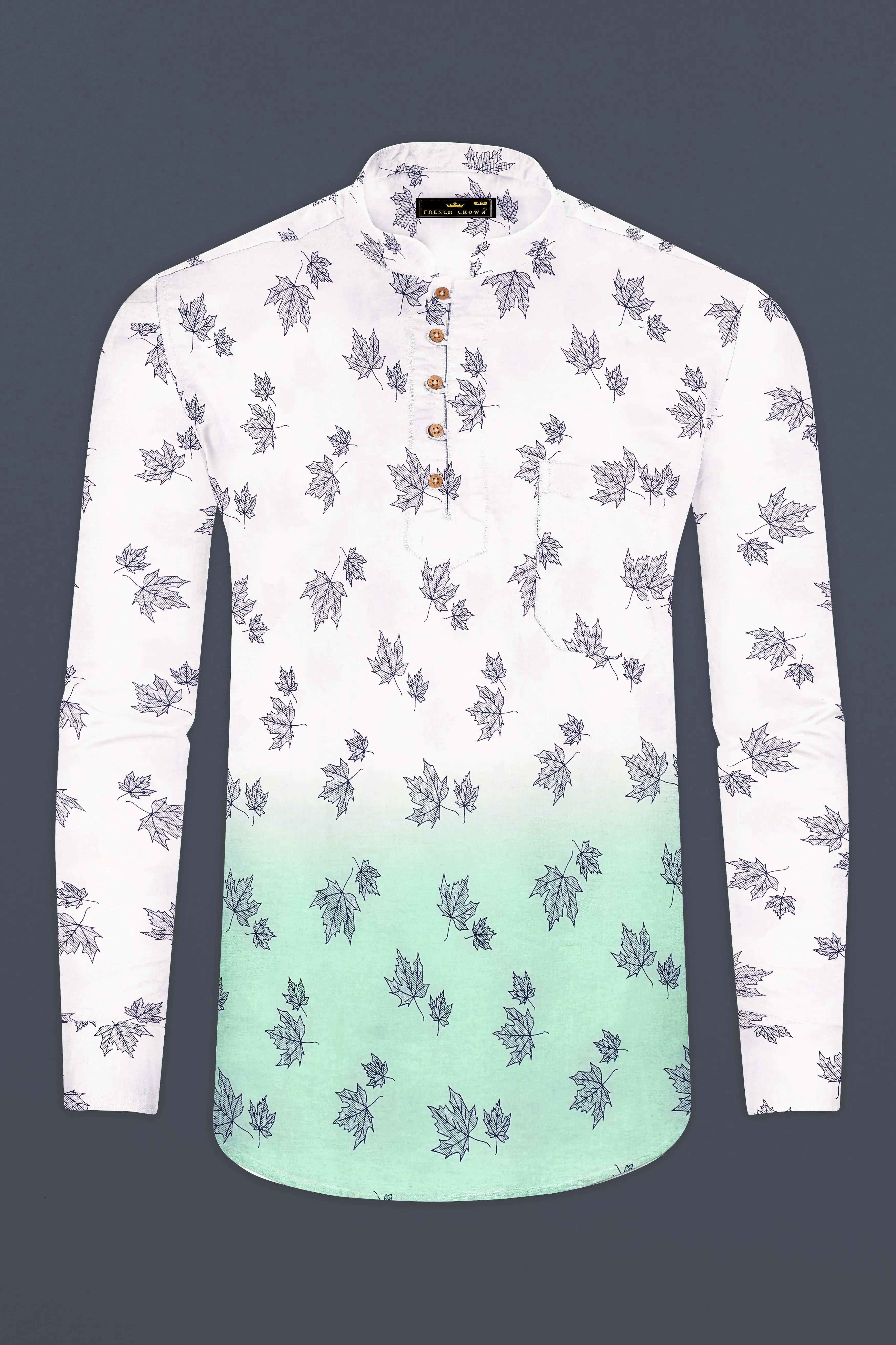Bright White with Cruise Aqua Green Leaves Printed Premium Cotton Kurta Shirt sold by French Crown product image thumbnail 2