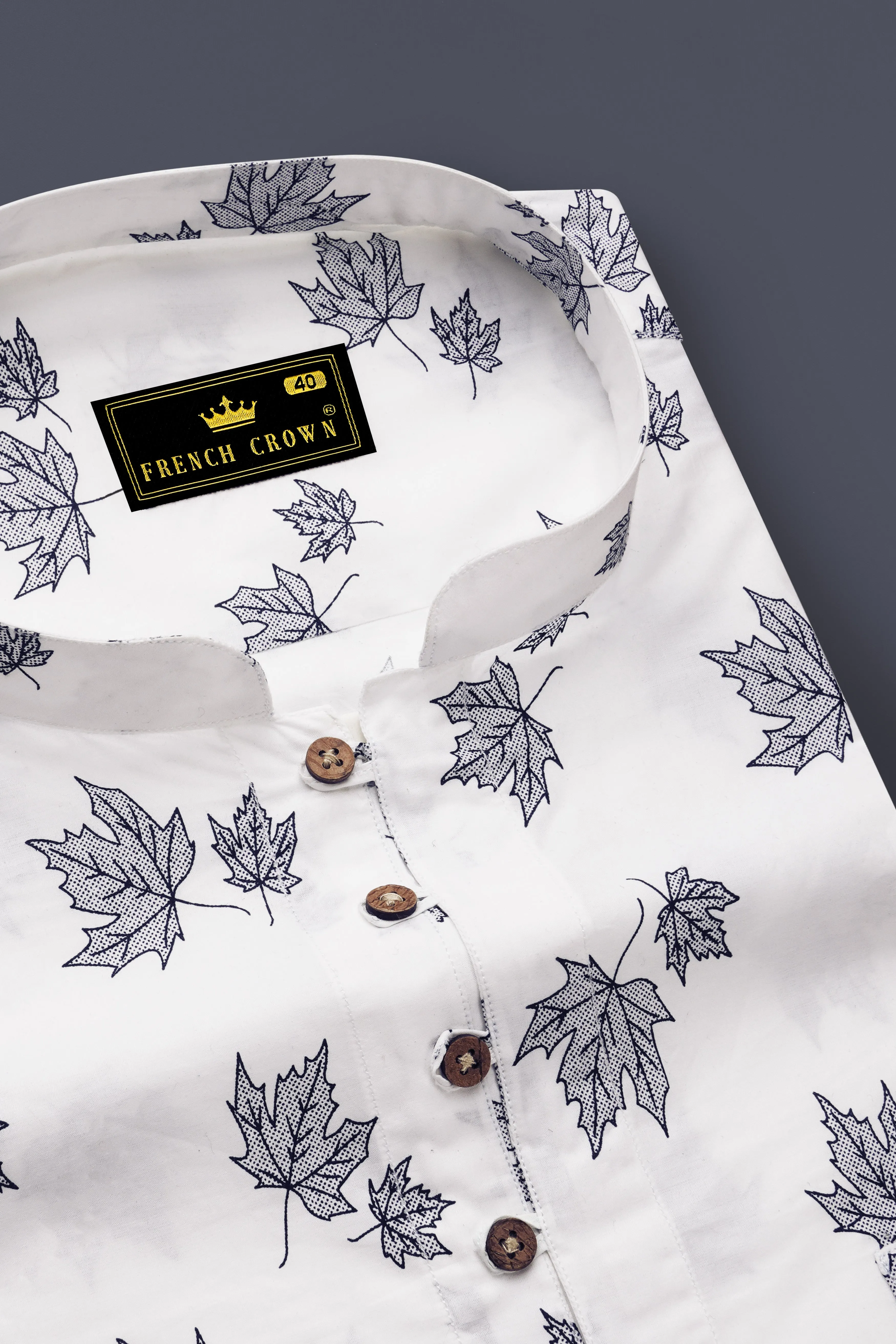 Bright White with Cruise Aqua Green Leaves Printed Premium Cotton Kurta Shirt sold by French Crown product image thumbnail 4