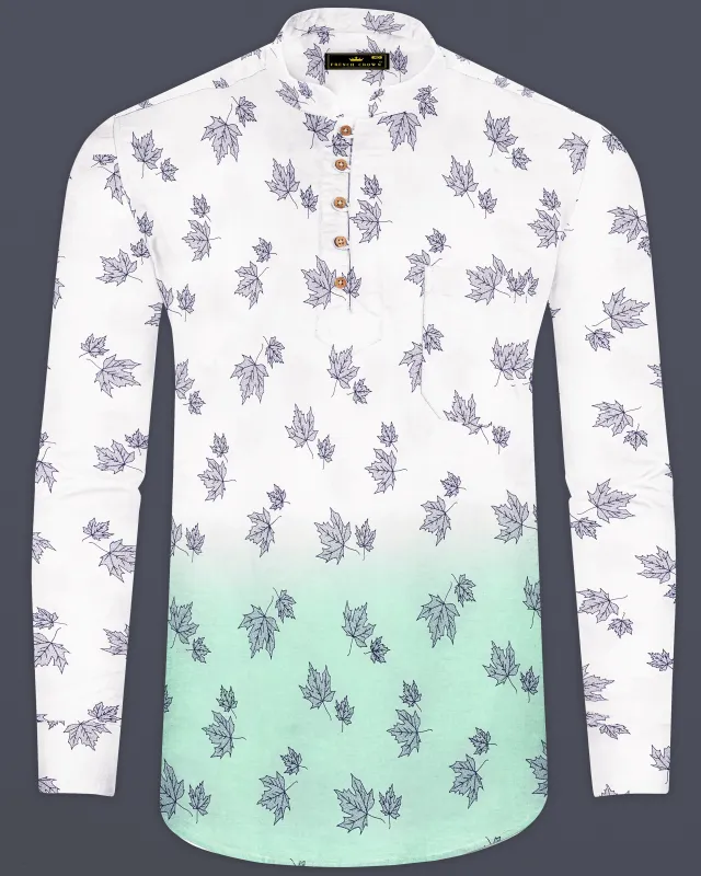 Bright White with Cruise Aqua Green Leaves Printed Premium Cotton Kurta Shirt sold by French Crown