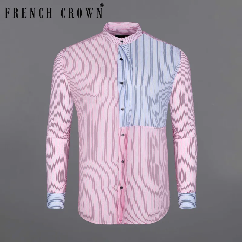 Bright White with Cerise Pink and Sapphire Blue Striped Dobby Premium Cotton Designer Shirt sold by French Crown