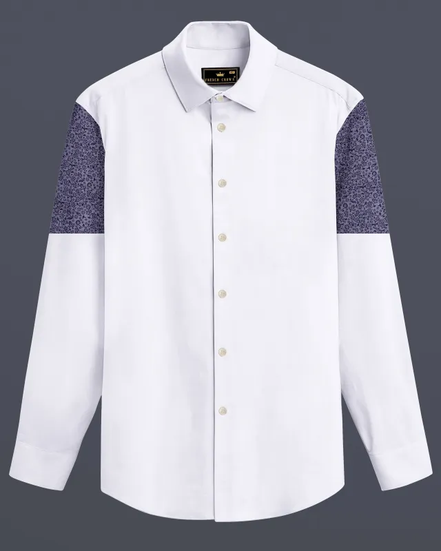 Bright White with Blue Patch Work Dobby Textured Giza Cotton Designer Shirt sold by French Crown