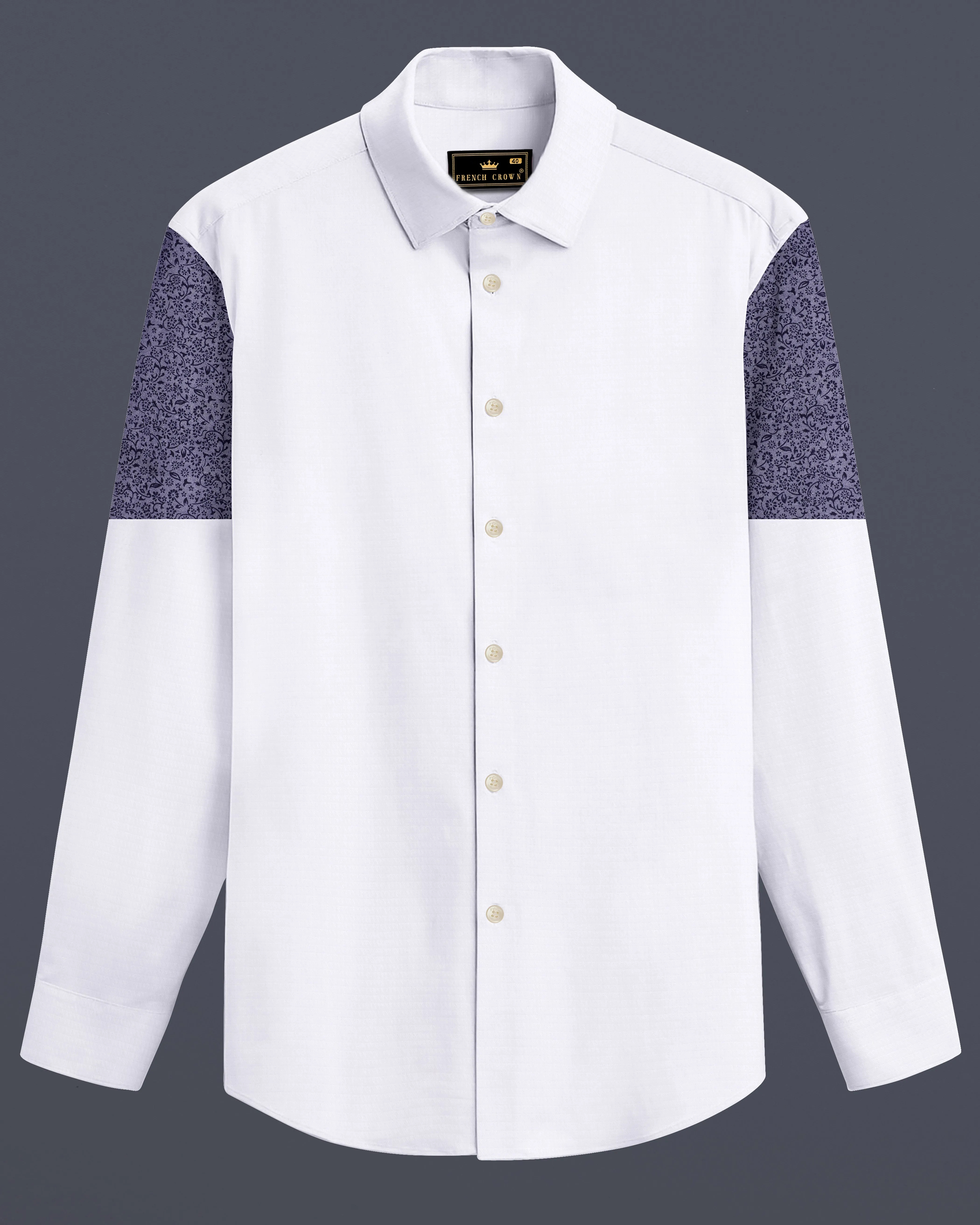 Bright White with Blue Patch Work Dobby Textured Giza Cotton Designer Shirt sold by French Crown