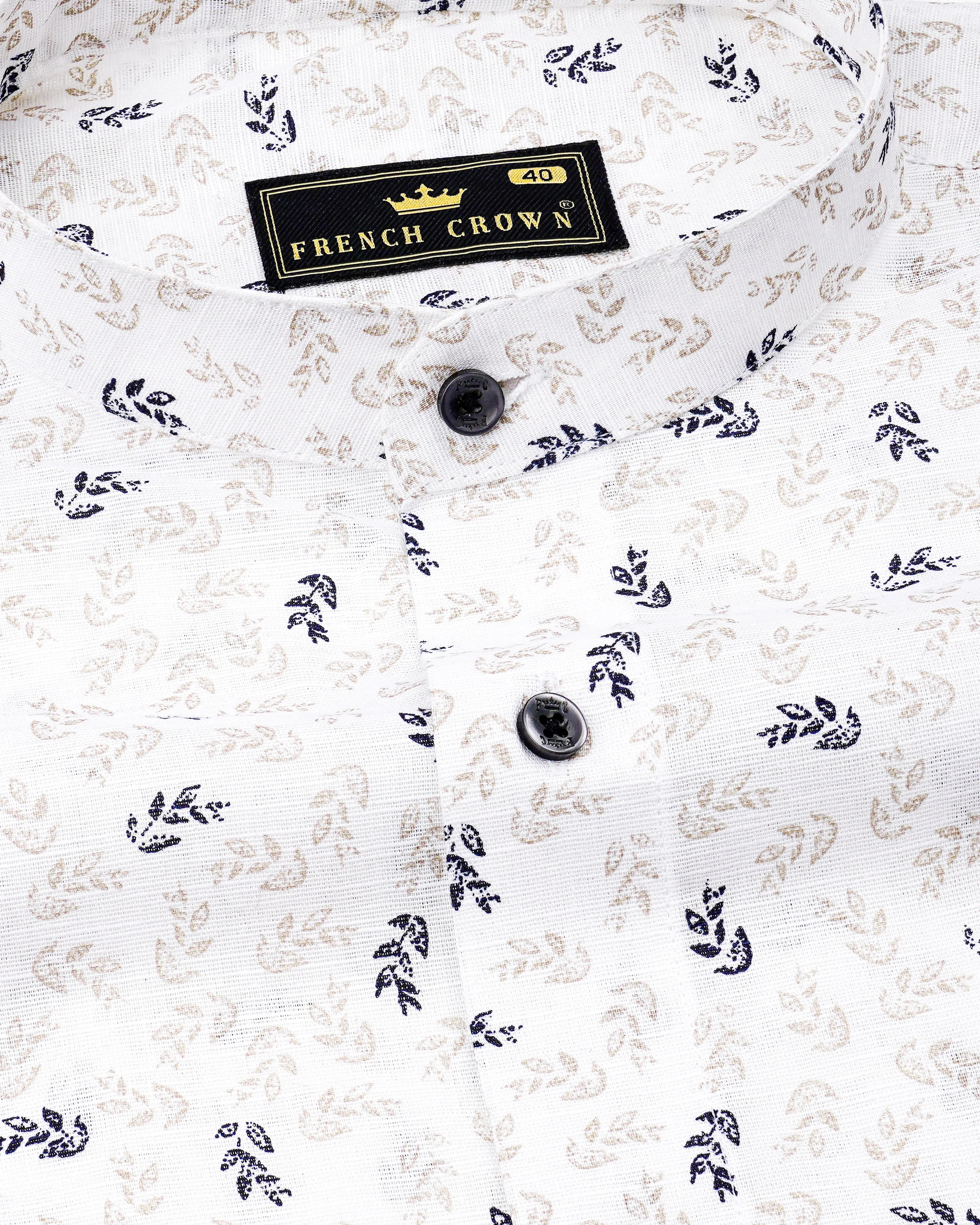 Bright White With Abbey Black Ditsy Luxurious Linen Shirt sold by French Crown