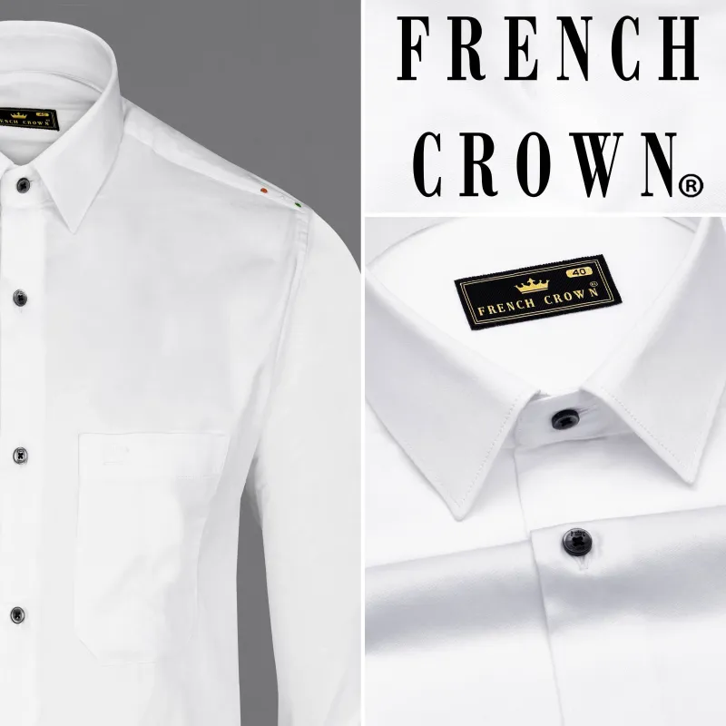 Bright White Subtle Sheen with Left Shoulder Tricolour Embroidered Super Soft Premium Cotton Shirt sold by French Crown