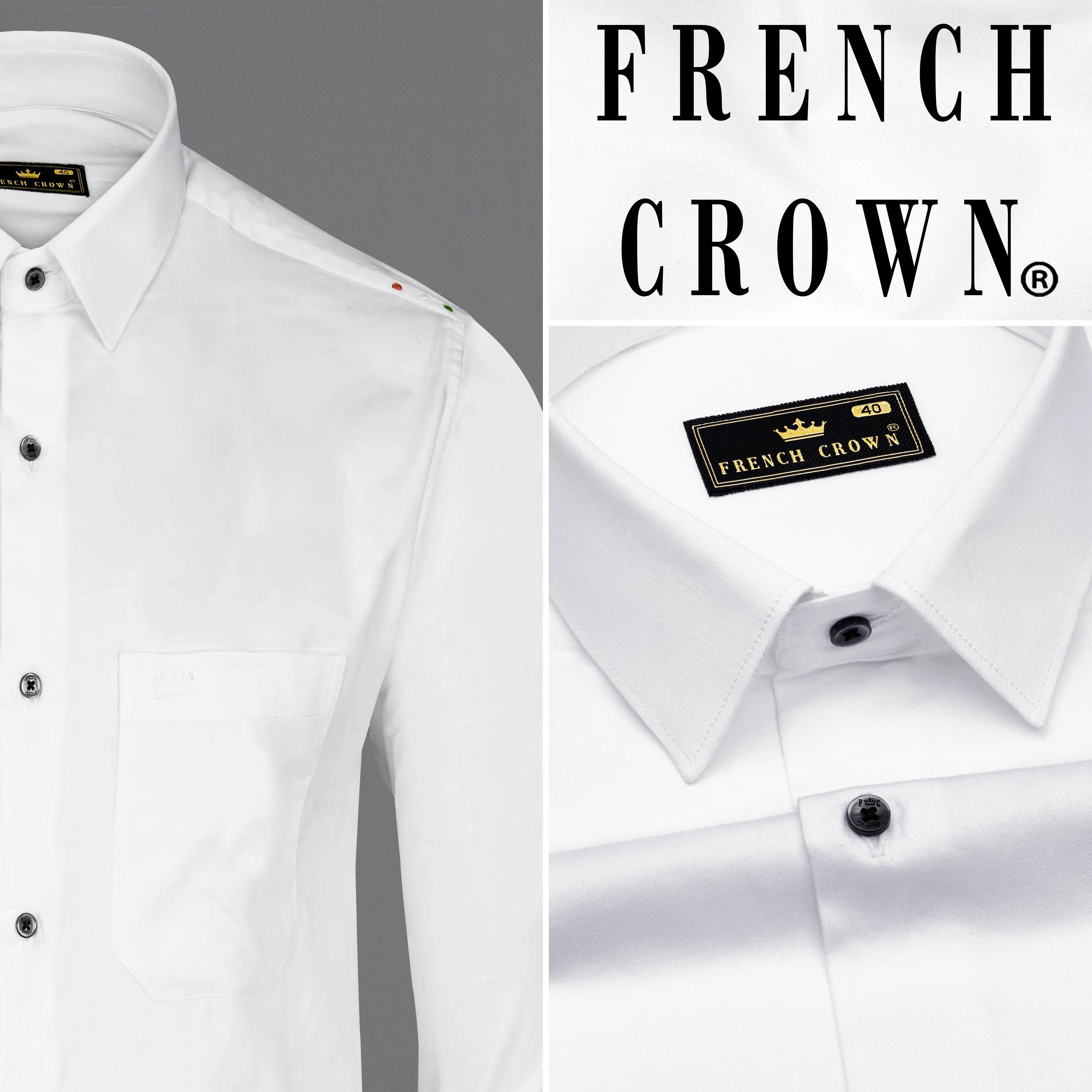 Bright White Subtle Sheen with Left Shoulder Tricolour Embroidered Super Soft Premium Cotton Shirt sold by French Crown