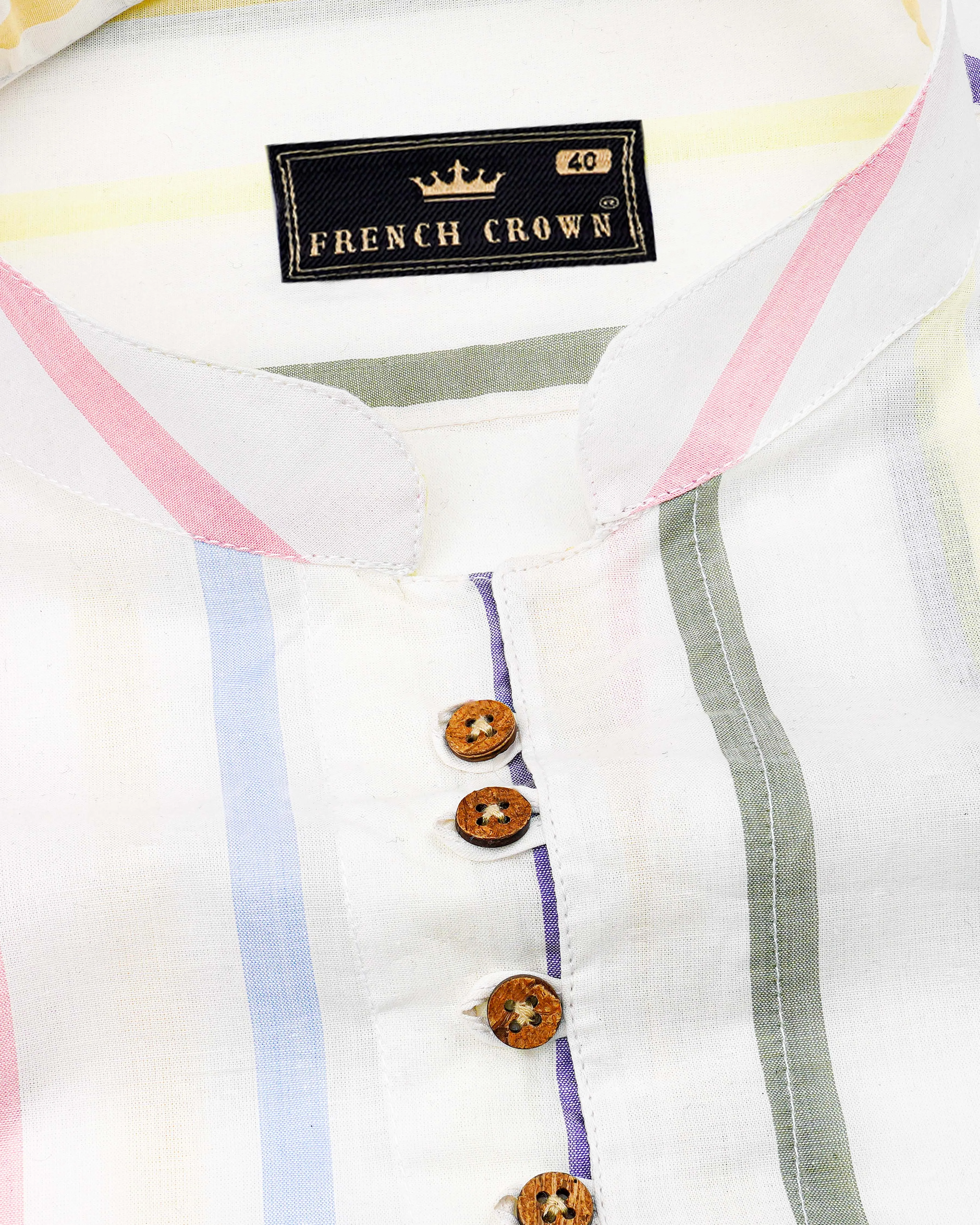 Bright White Multicolour Striped Premium Cotton Kurta Shirt sold by French Crown product image thumbnail 4