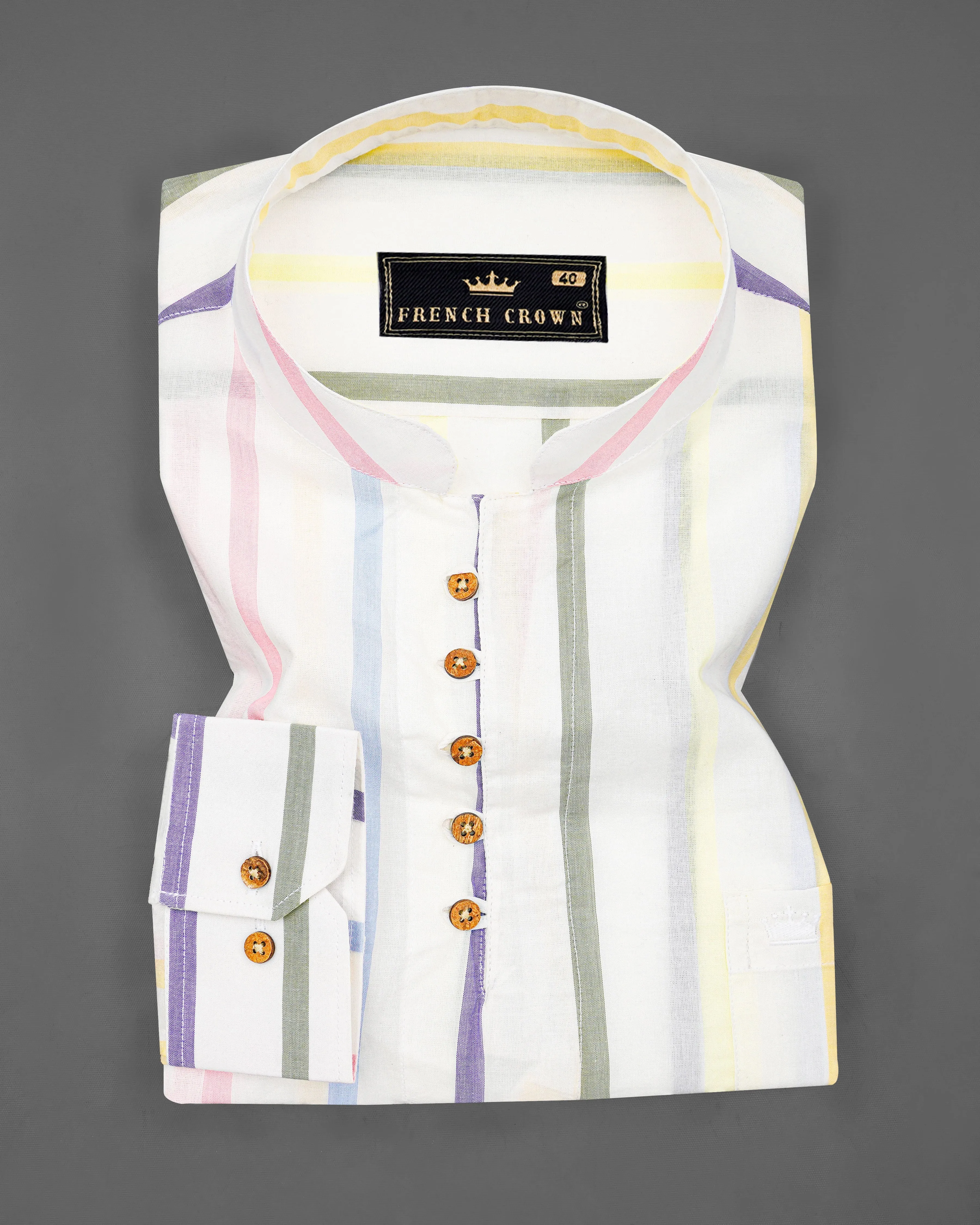 Bright White Multicolour Striped Premium Cotton Kurta Shirt sold by French Crown product image thumbnail 2
