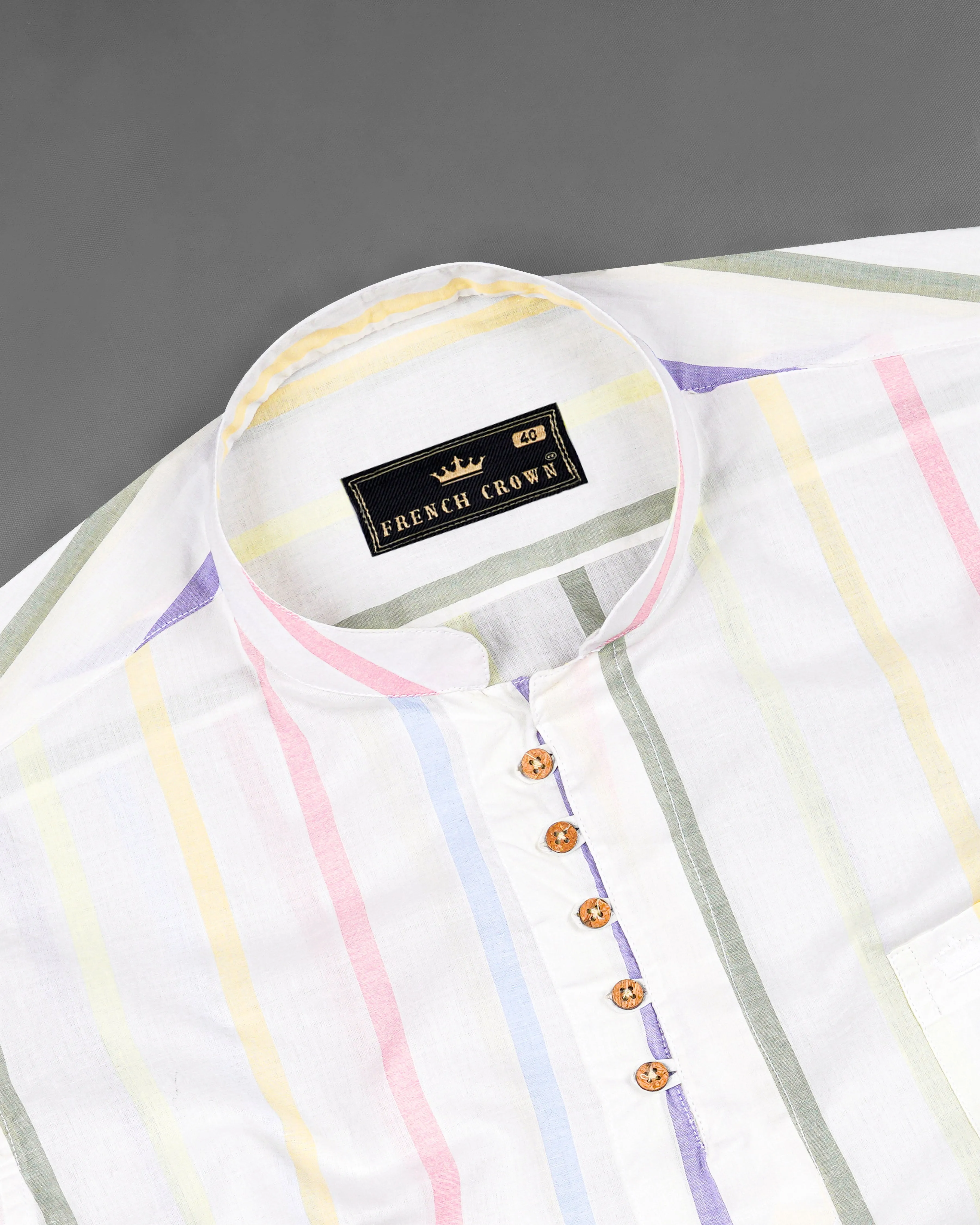 Bright White Multicolour Striped Premium Cotton Kurta Shirt sold by French Crown product image thumbnail 5