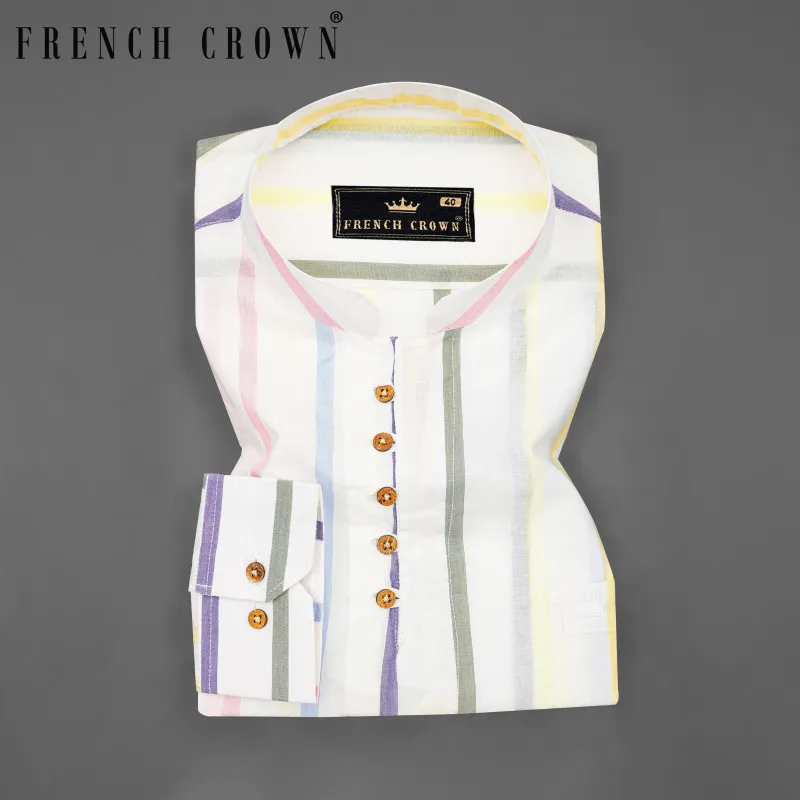 Bright White Multicolour Striped Premium Cotton Kurta Shirt sold by French Crown