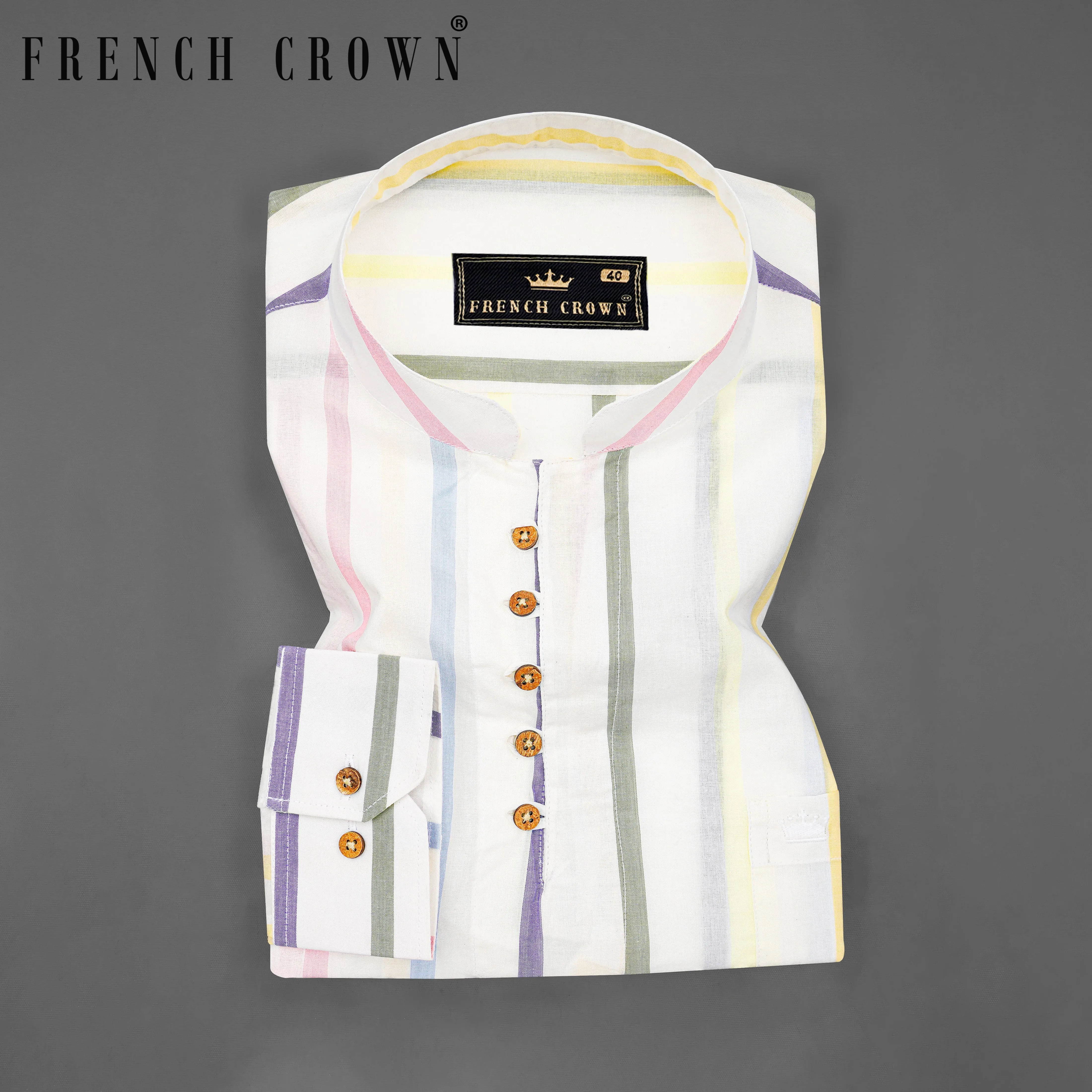 Bright White Multicolour Striped Premium Cotton Kurta Shirt sold by French Crown