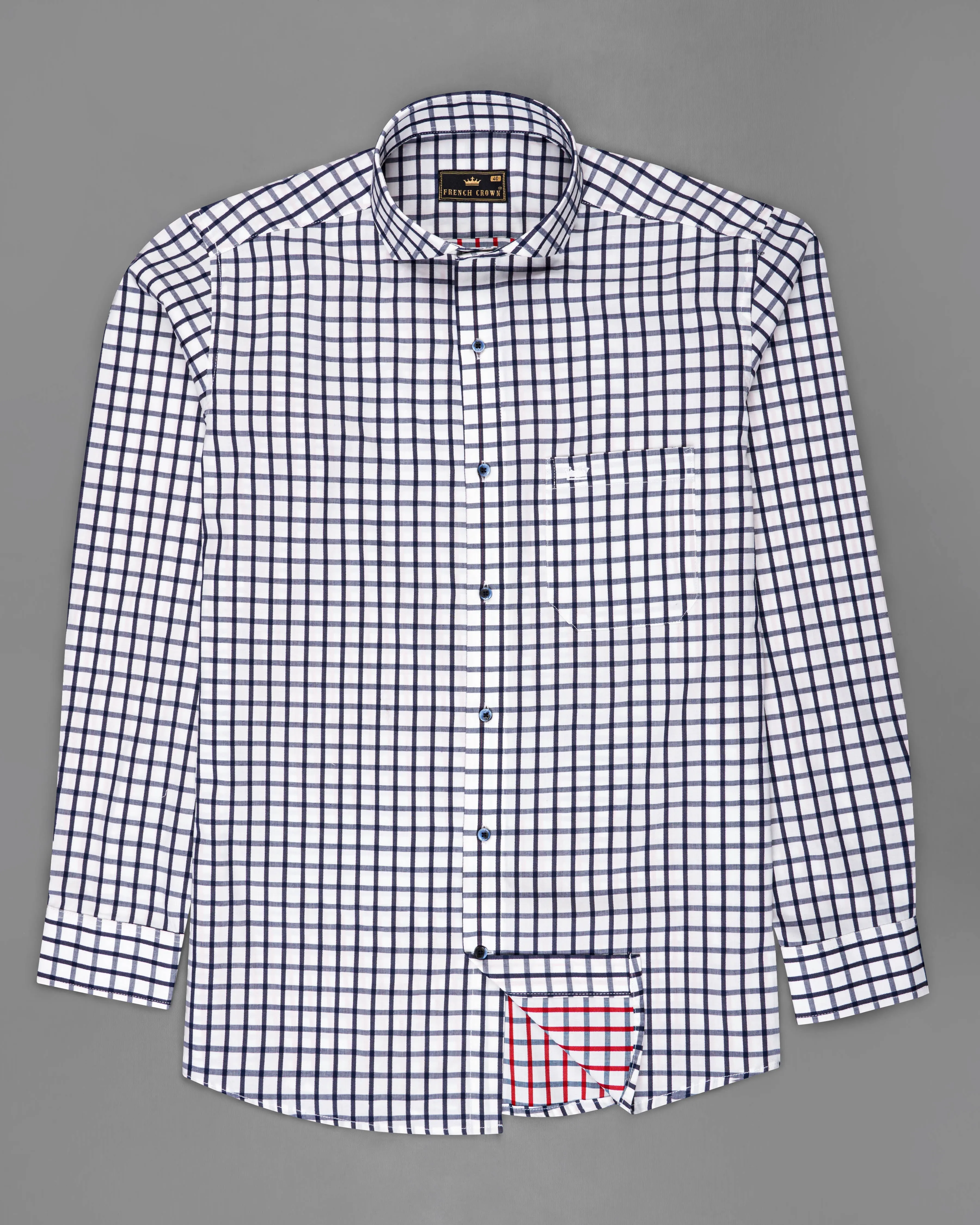 Bright White and Ebony Clay Blue Gingham Dobby Textured Premium Giza Cotton Shirt sold by French Crown product image thumbnail 5