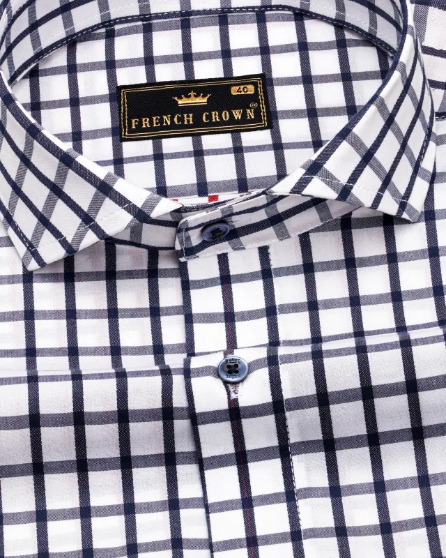Bright White and Ebony Clay Blue Gingham Dobby Textured Premium Giza Cotton Shirt sold by French Crown