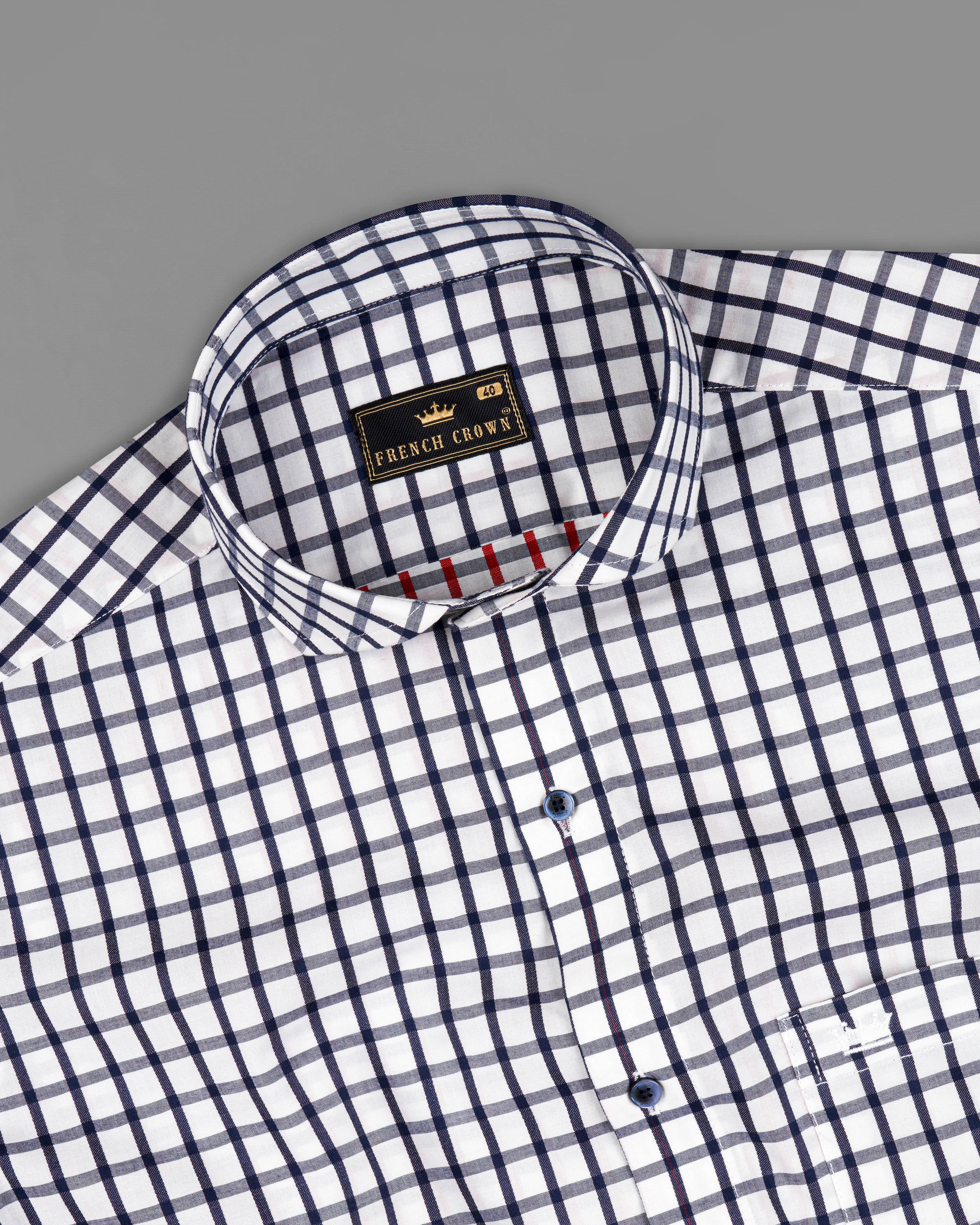 Bright White and Ebony Clay Blue Gingham Dobby Textured Premium Giza Cotton Shirt sold by French Crown product image thumbnail 4