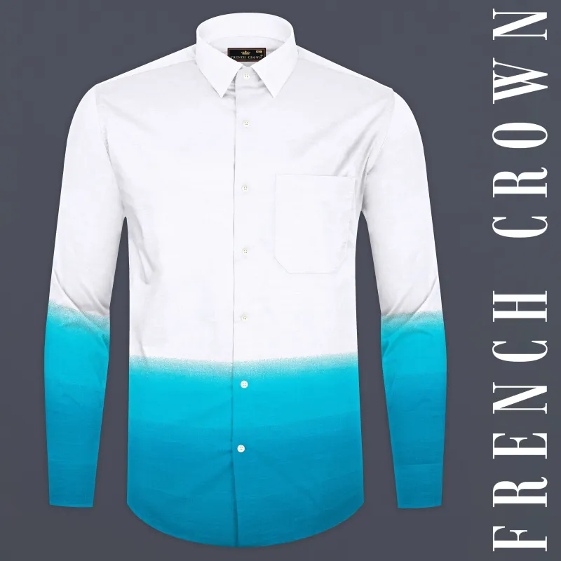 Bright White and Dark Turquoise Blue Chambray Textured Premium Cotton Shirt sold by French Crown
