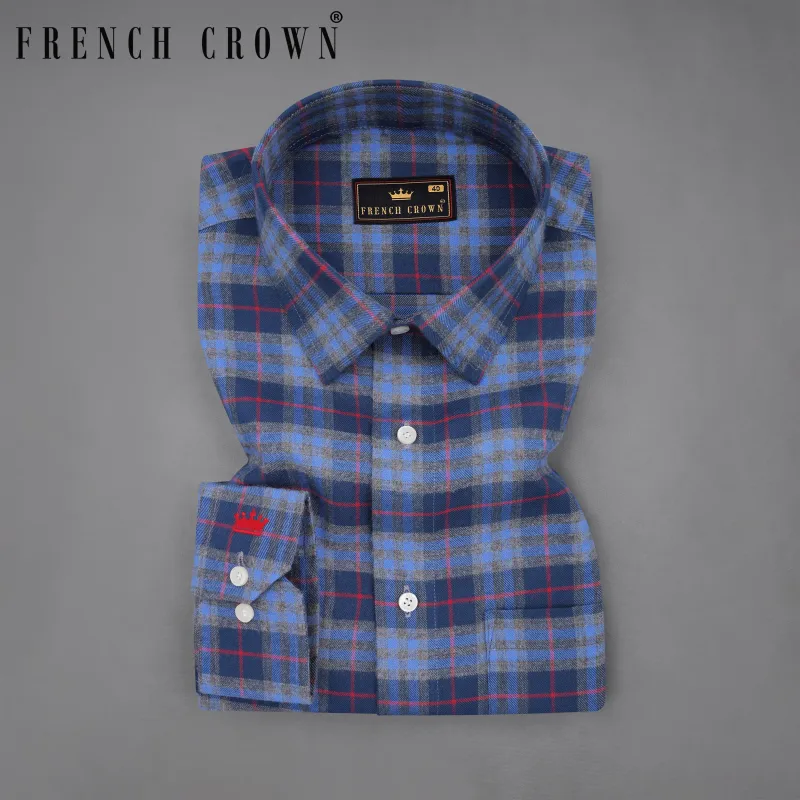 Azure Blue and Regal Blue Plaid Twill Textured Premium Cotton Shirt sold by French Crown