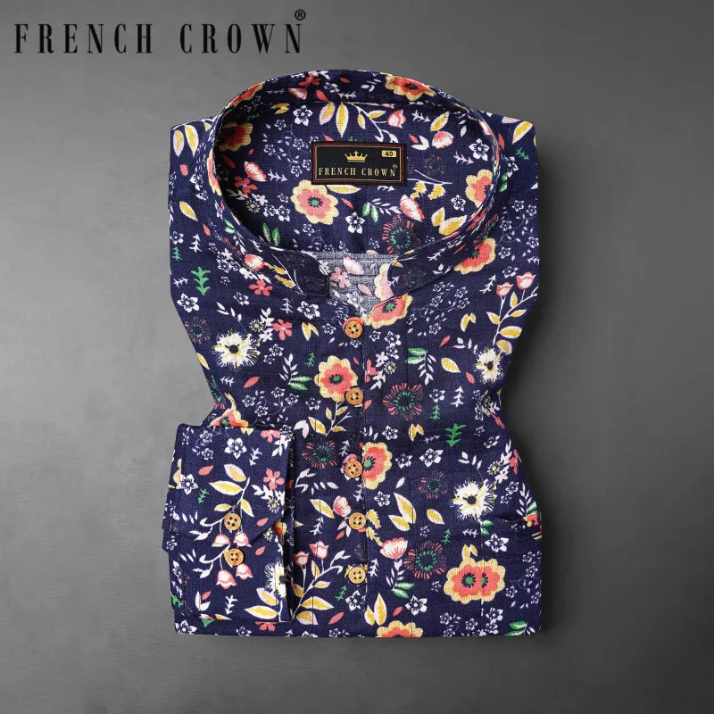 Tuna Blue With Multicolored Ditzy Floral Printed Dobby Textured Premium Giza Cotton Kurta Shirt sold by French Crown